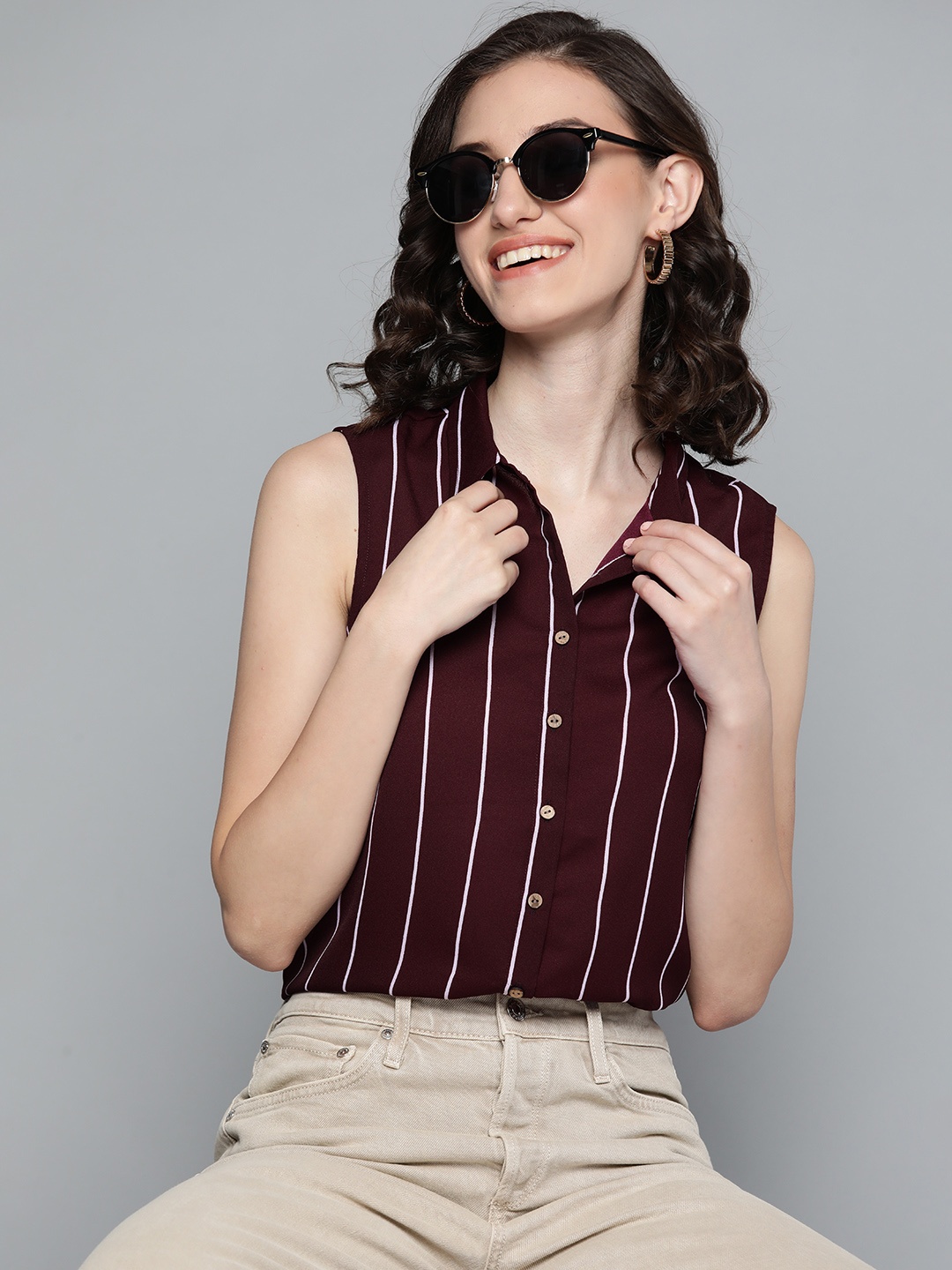 

HERE&NOW Women Maroon & White Striped Top