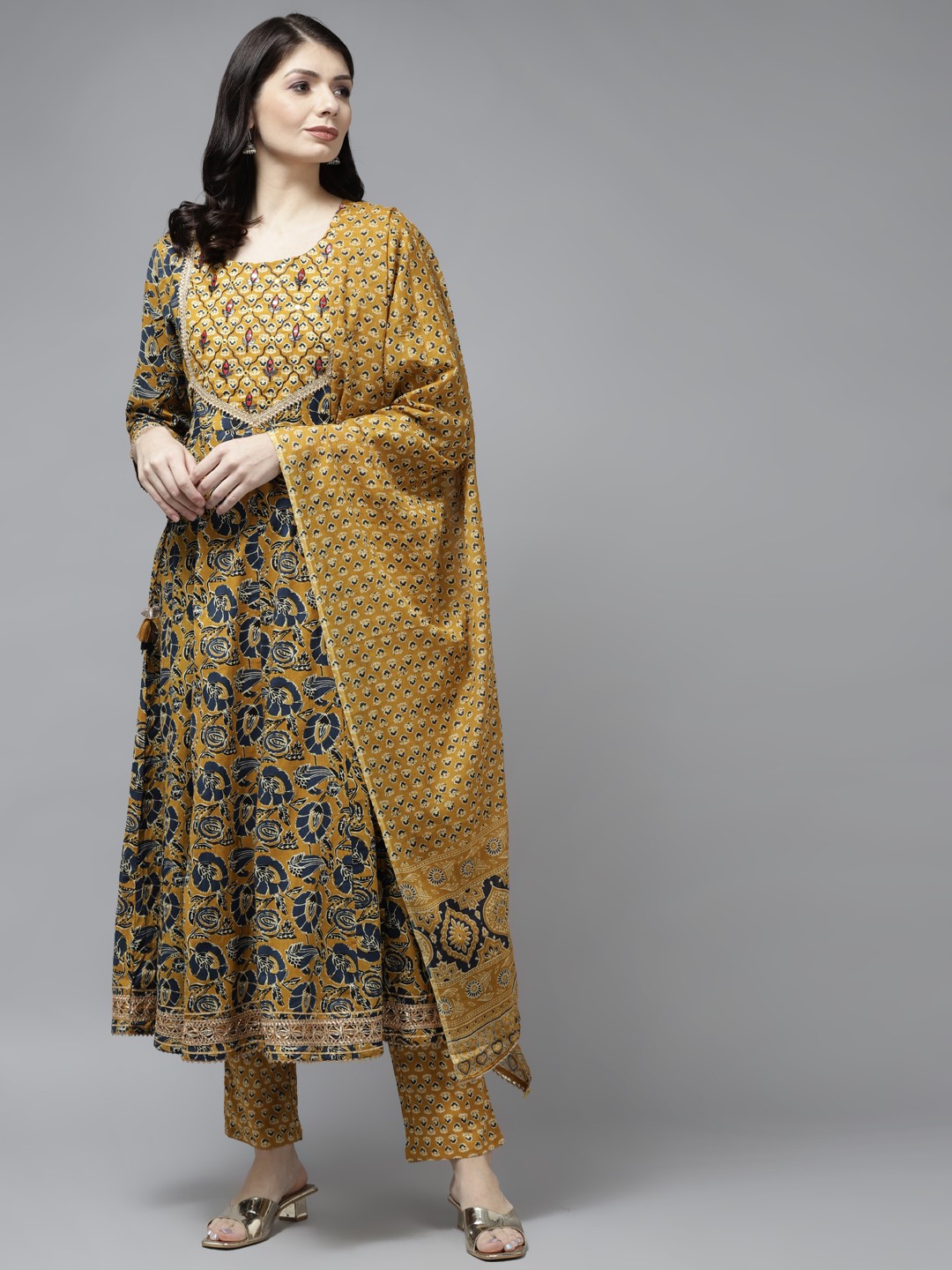 

Yufta Women Mustard Yellow Ethnic Motifs Embroidered Layered Thread Work Pure Cotton Kurta with Trousers &