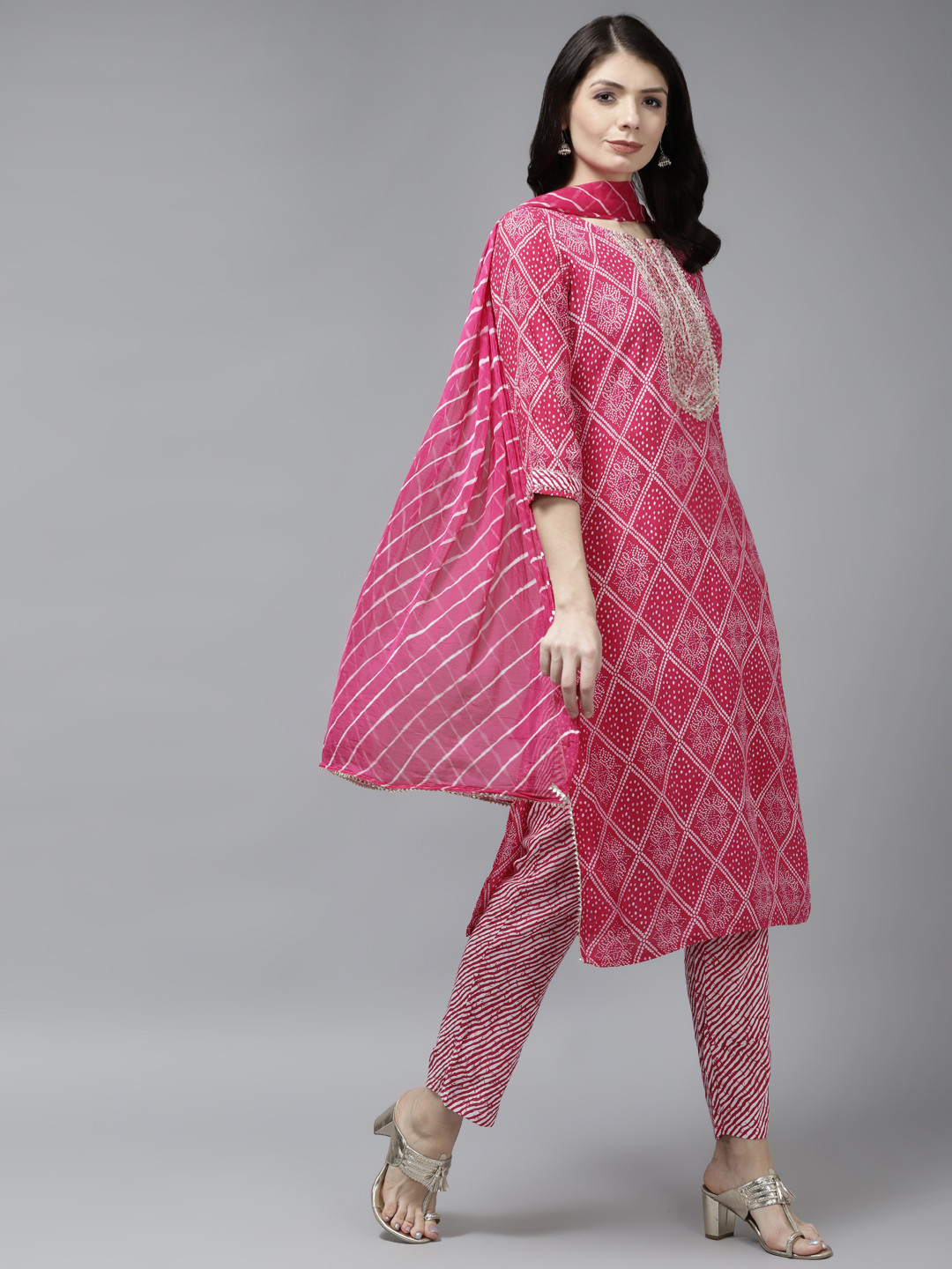

Yufta Women Pink Bandhani Printed Aari Work Pure Cotton Kurta with Trousers & With Dupatta