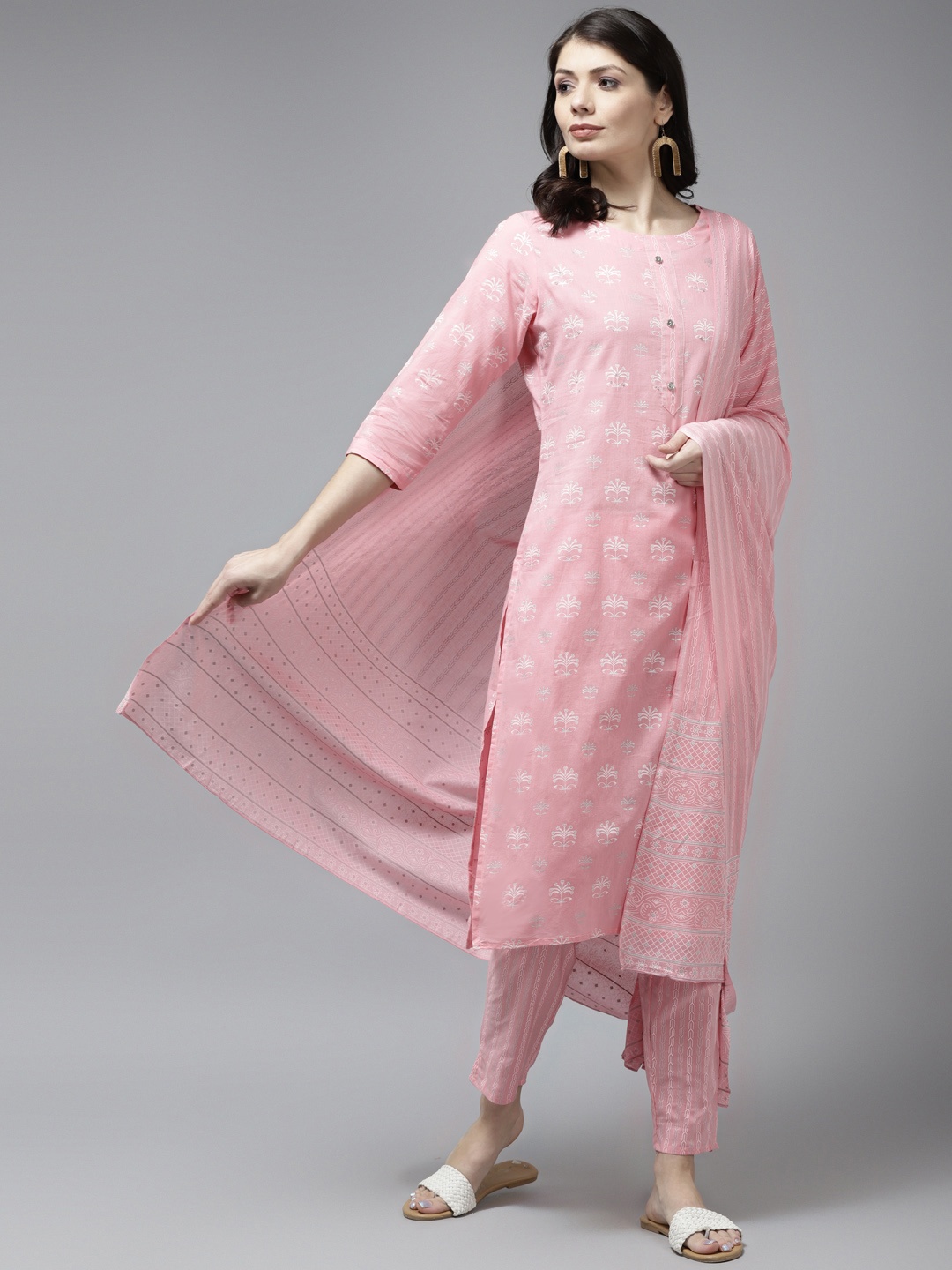 

Yufta Women Pink Ethnic Motifs Printed Sequinned Pure Cotton Kurta with Trousers & With Dupatta