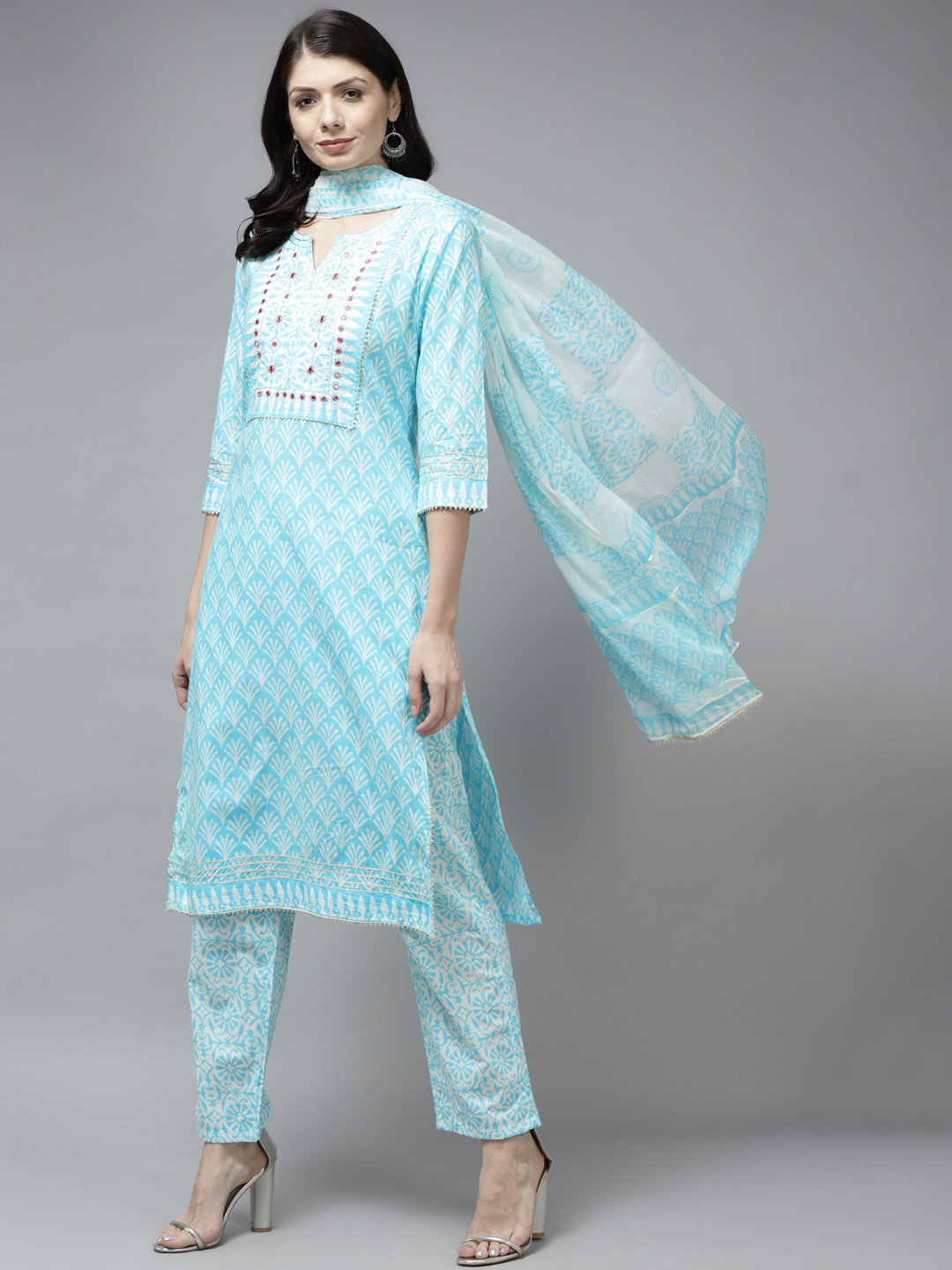 

Yufta Women Blue Ethnic Motifs Printed Mirror Work Pure Cotton Kurta with Trousers & With Dupatta