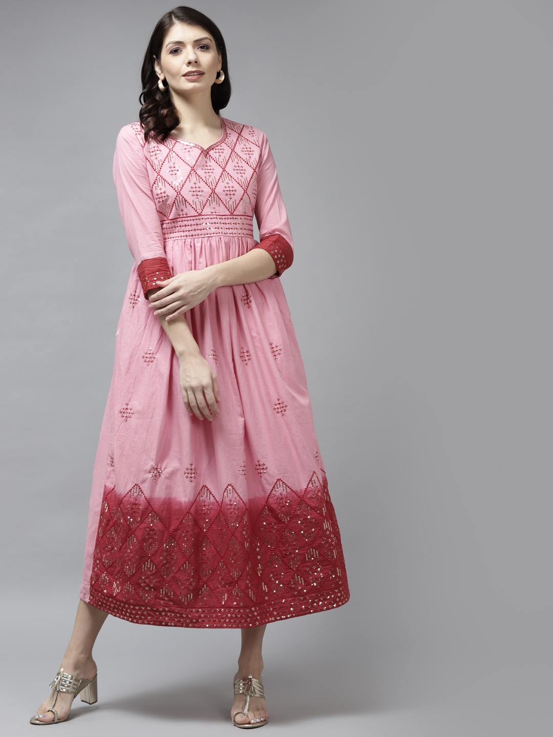 

Yufta Pink & Maroon Embroidered Ethnic Cotton A-Line Midi Dress