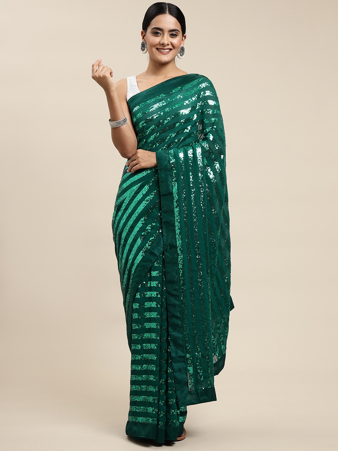 

JATRIQQ Teal Green Embroidered Sequinned Saree