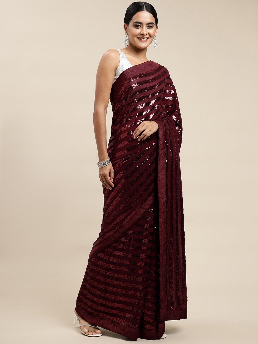 

JATRIQQ Burgundy Embroidered Sequinned Saree