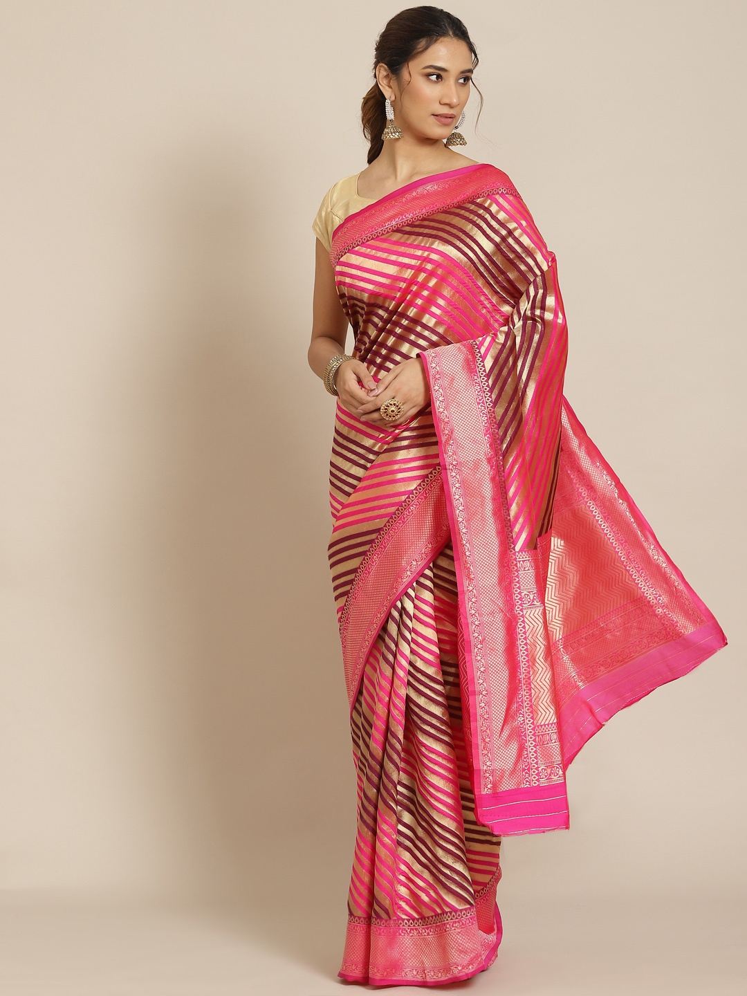 

Mitera Pink & Gold-Toned Woven Design Zari Silk Blend Saree