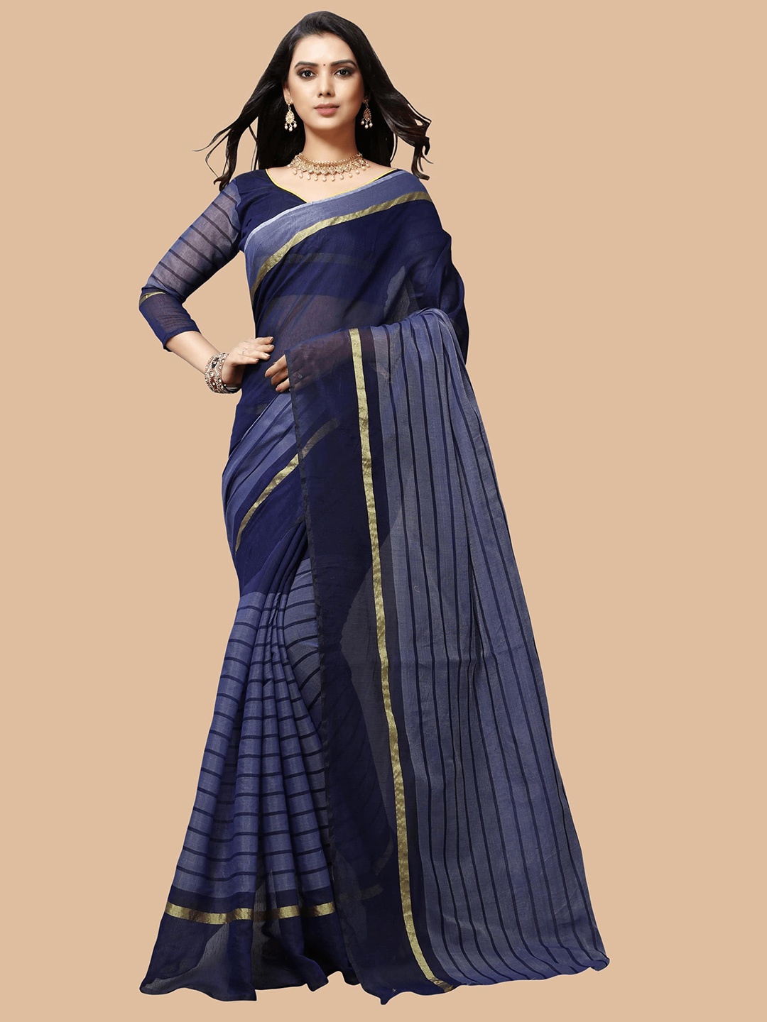 

KALINI Navy Blue & Grey Striped Saree