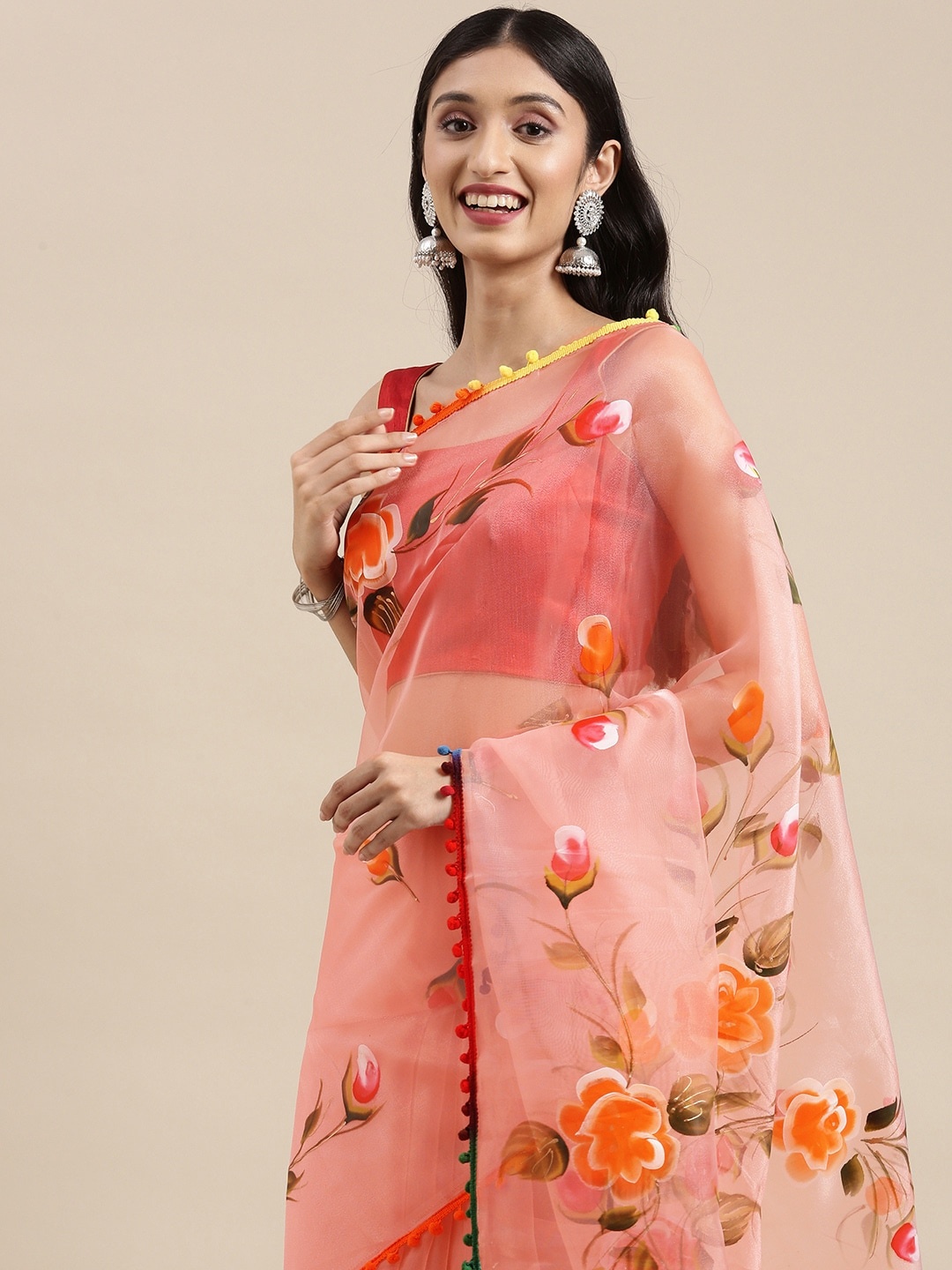 

VASTRANAND Peach-Coloured & Orange Floral Zari Organza Saree