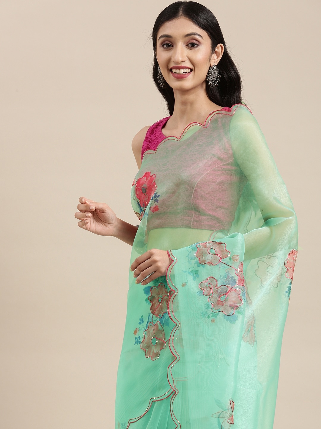 

VASTRANAND Green & Red Floral Aari Work Organza Saree