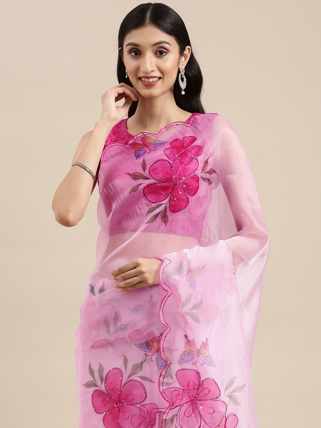 

VASTRANAND Pink Floral Aari Work Organza Saree