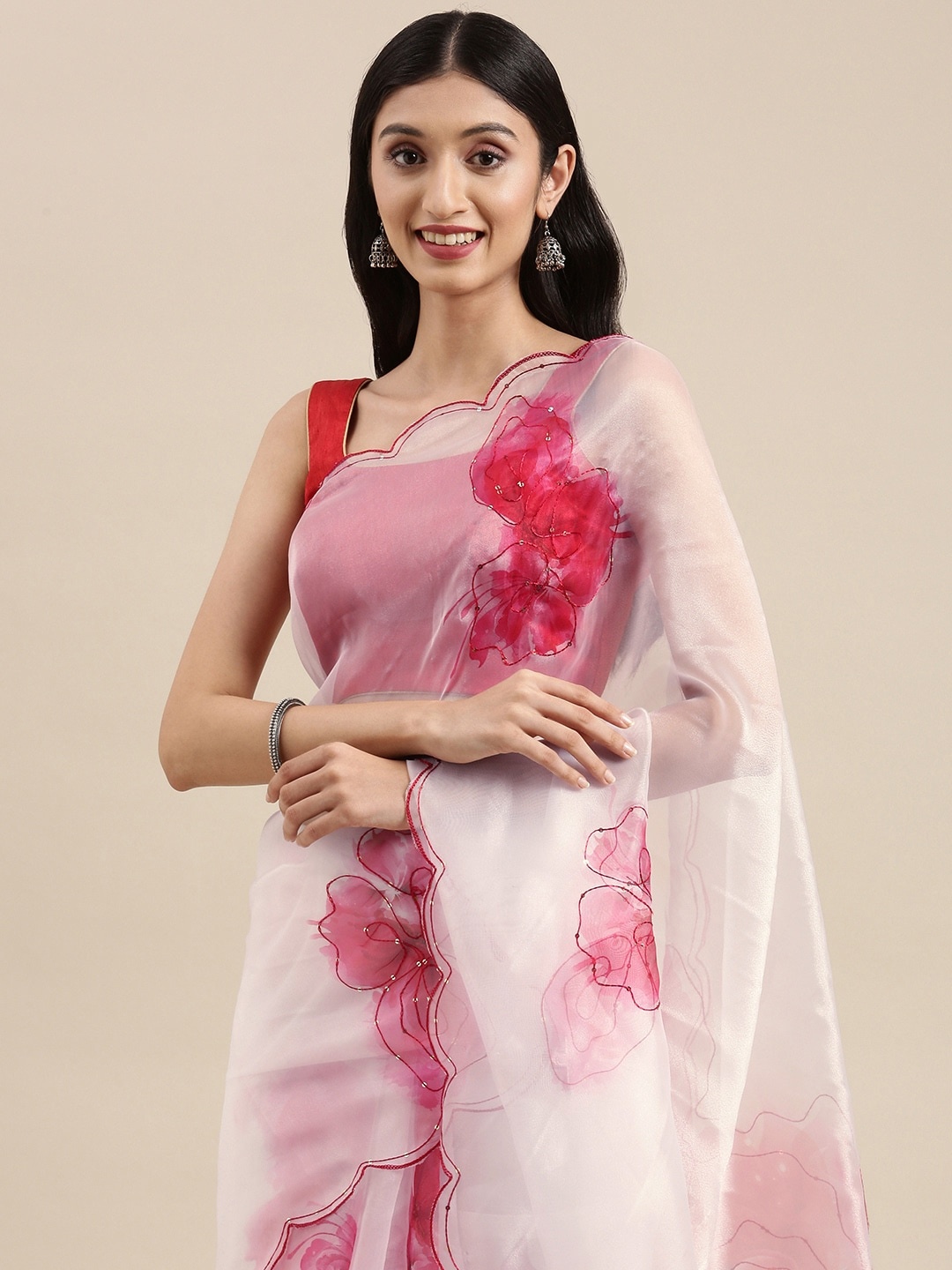 

VASTRANAND White & Red Floral Aari Work Organza Saree