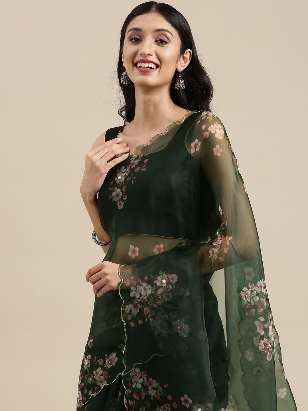 

VASTRANAND Green & Pink Floral Beads and Stones Organza Saree