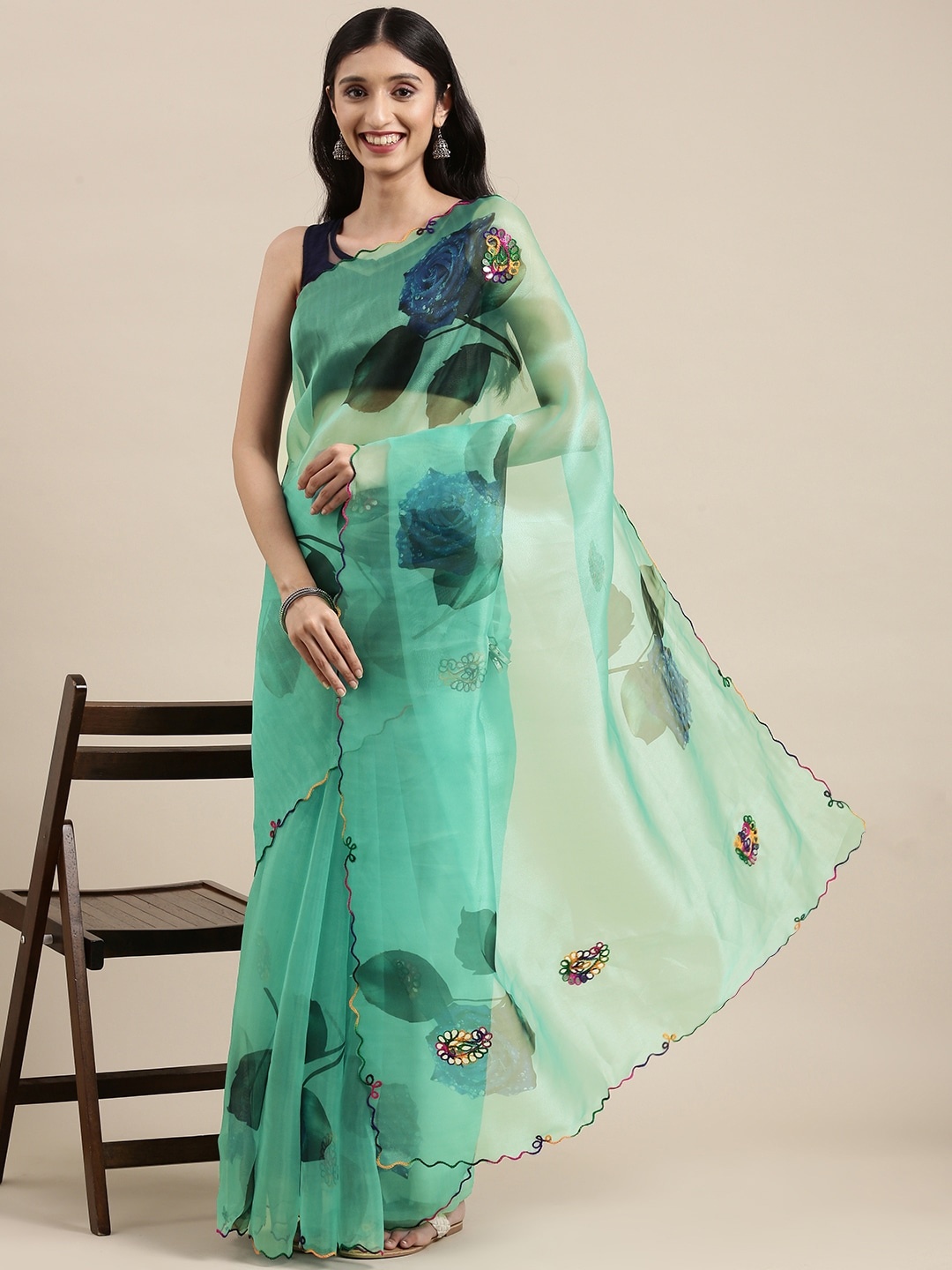 

VASTRANAND Blue Floral Gotta Patti Organza Saree