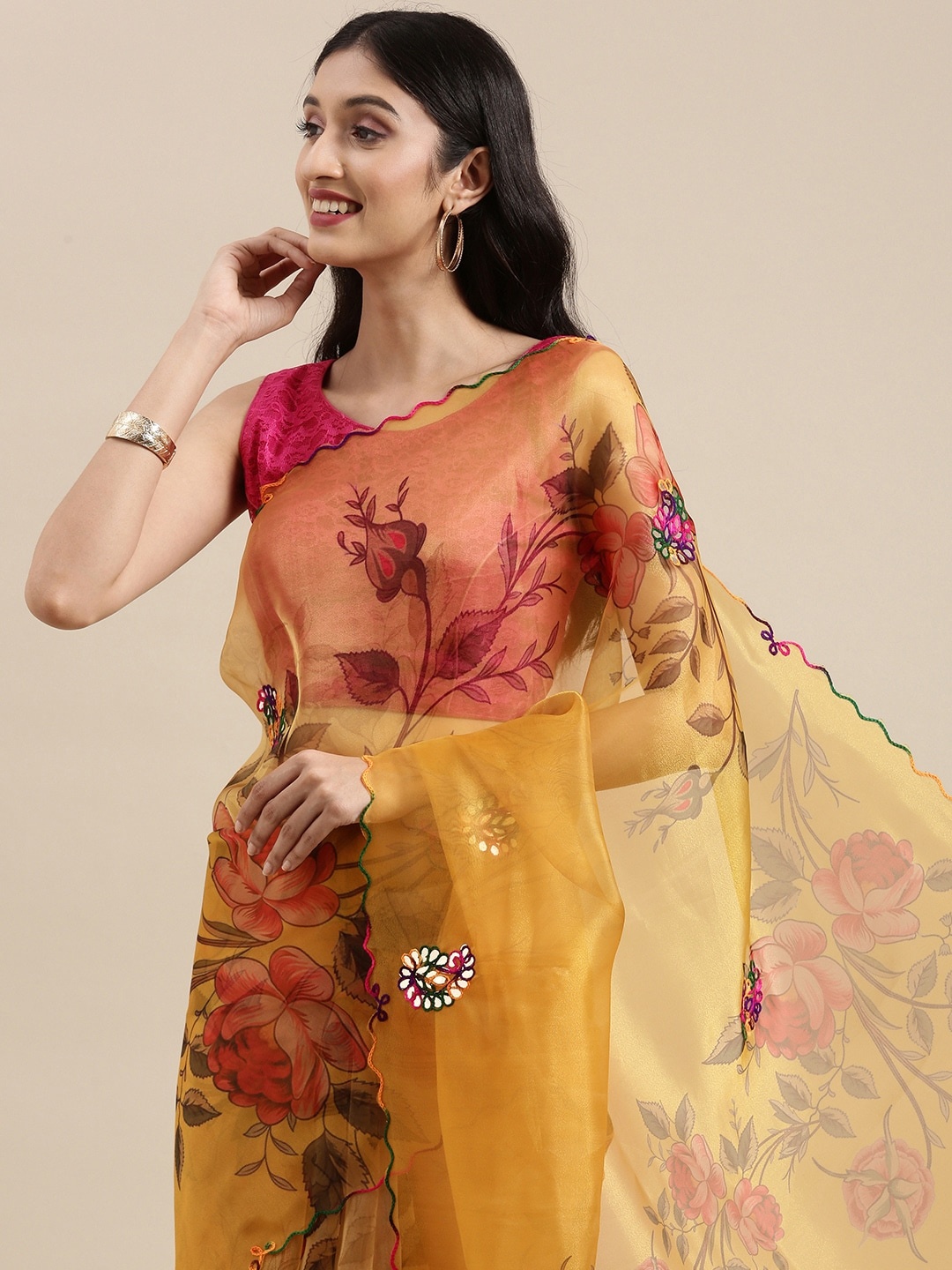 

VASTRANAND Mustard Yellow & Pink Floral Gotta Patti Organza Saree