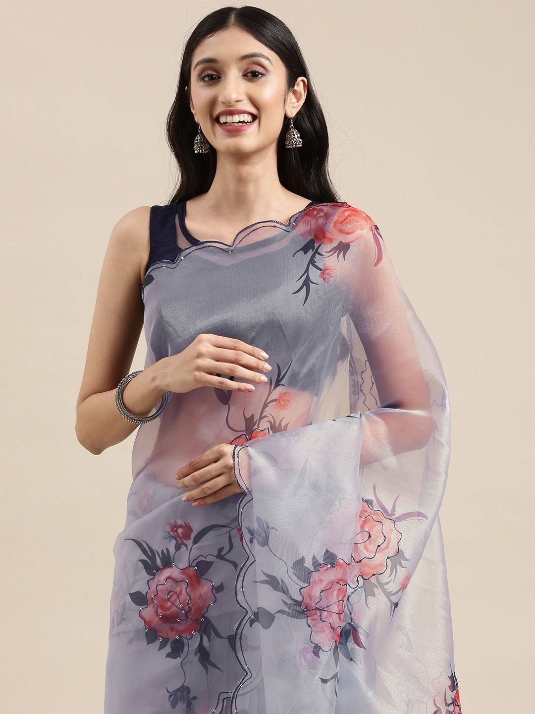 

VASTRANAND Grey & Red Floral Aari Work Organza Saree