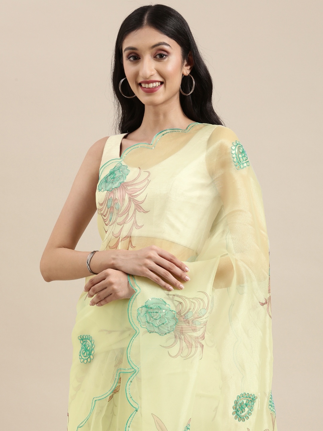 

VASTRANAND Lime Green & Blue Floral Mirror Work Organza Saree