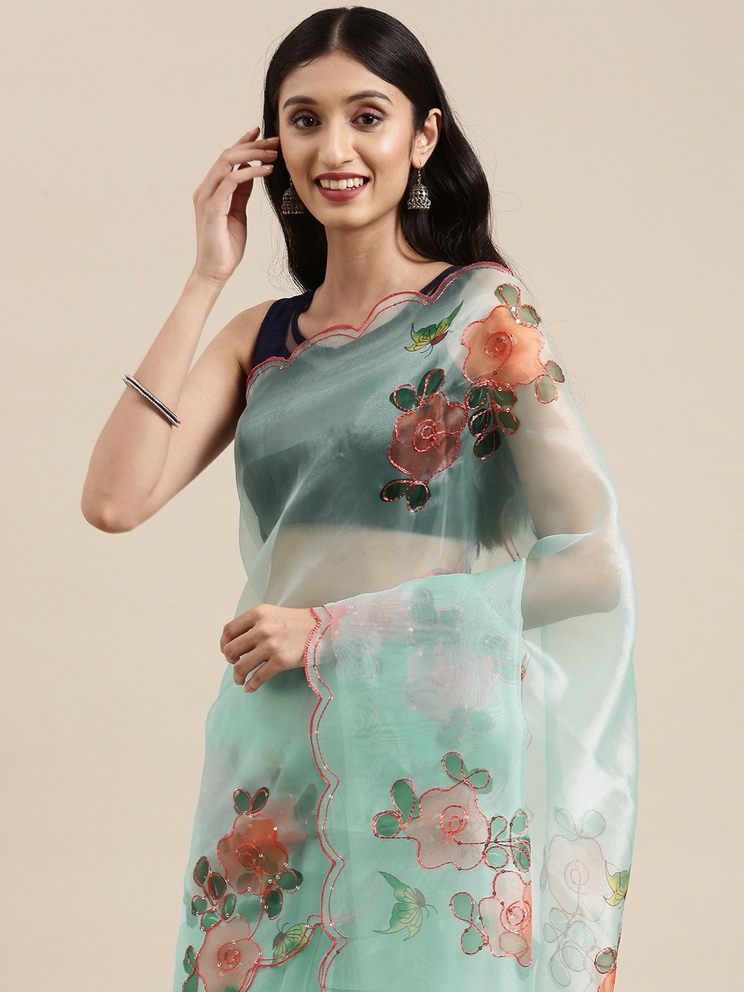 

VASTRANAND Blue & Peach-Coloured Floral Aari Work Organza Saree