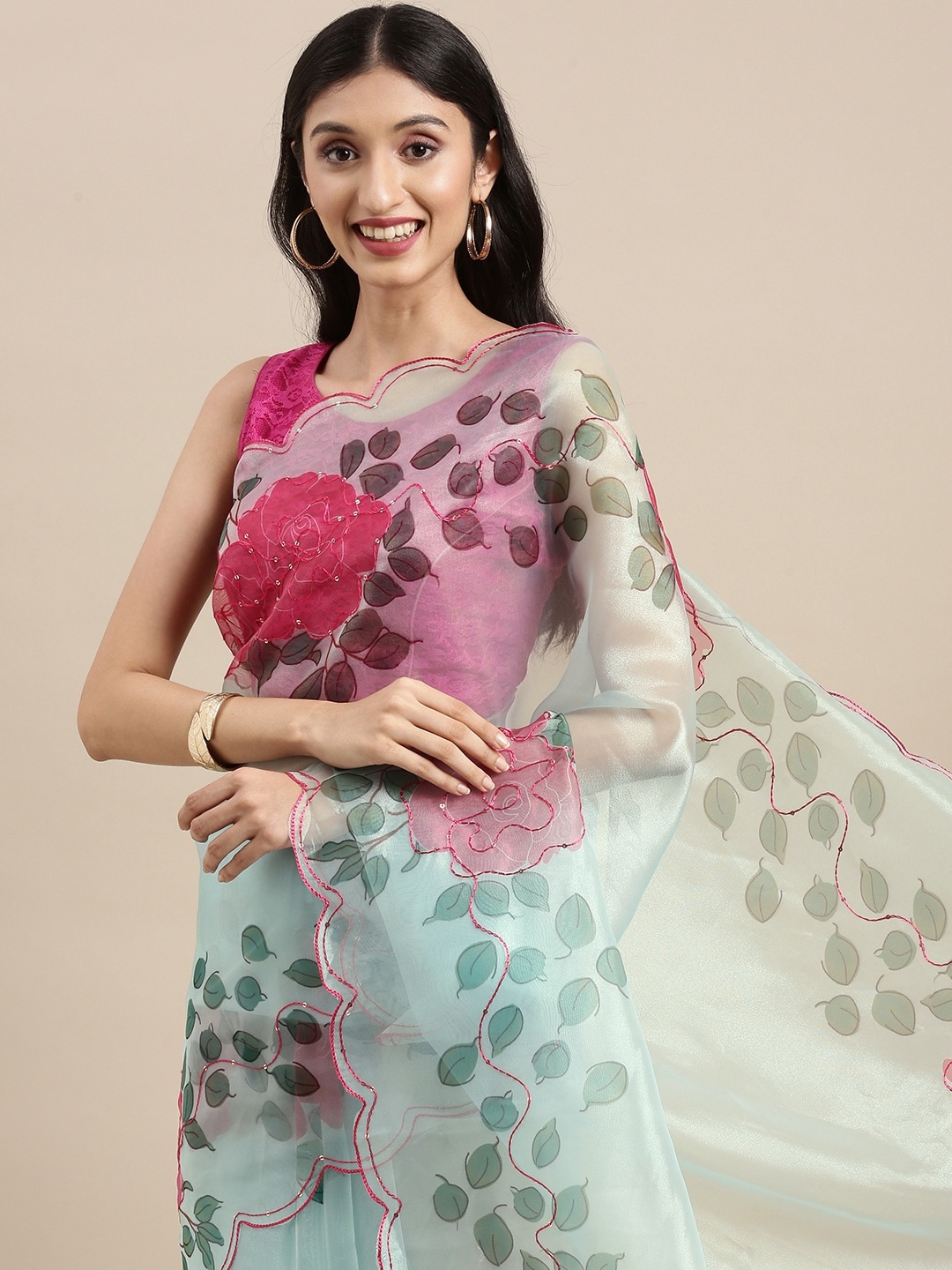 

VASTRANAND Blue & Pink Floral Aari Work Organza Saree