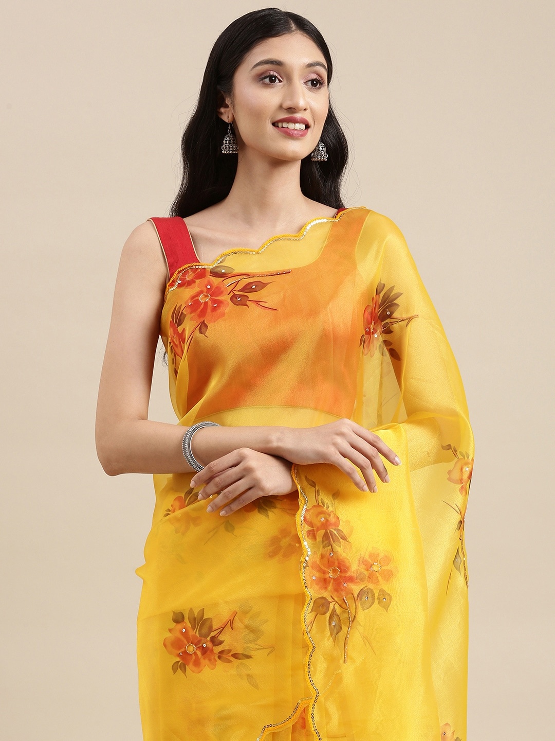 

VASTRANAND Yellow & Red Floral Beads Organza Saree