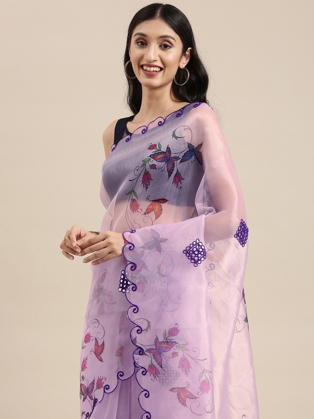 

VASTRANAND Lavender Floral Mirror Work Organza Saree