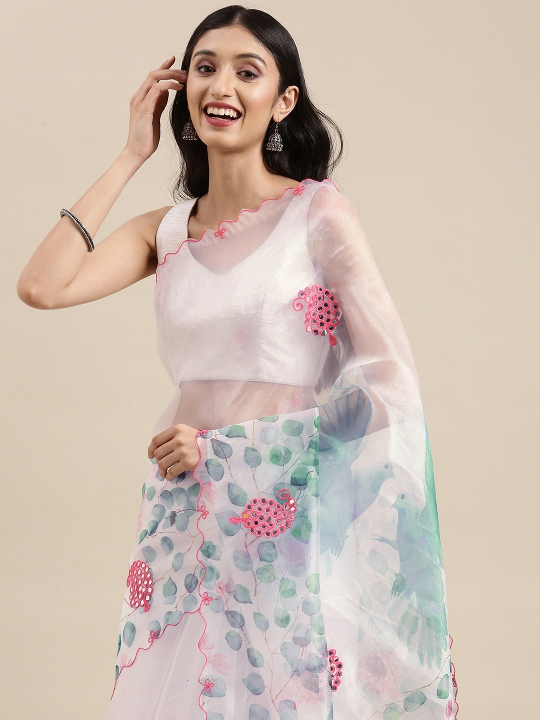 

VASTRANAND White & Blue Floral Mirror Work Organza Saree