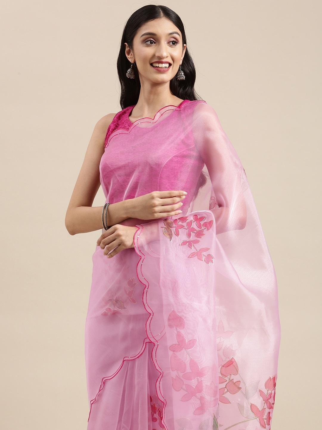 

VASTRANAND Pink Floral Organza Saree