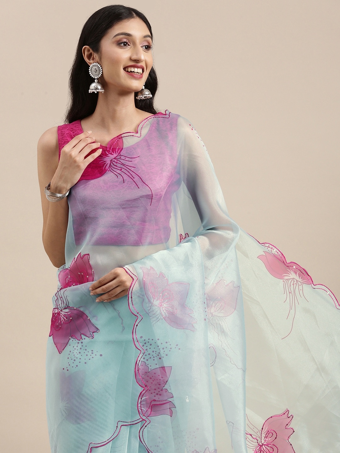 

VASTRANAND Blue & Pink Floral Aari Work Organza Saree