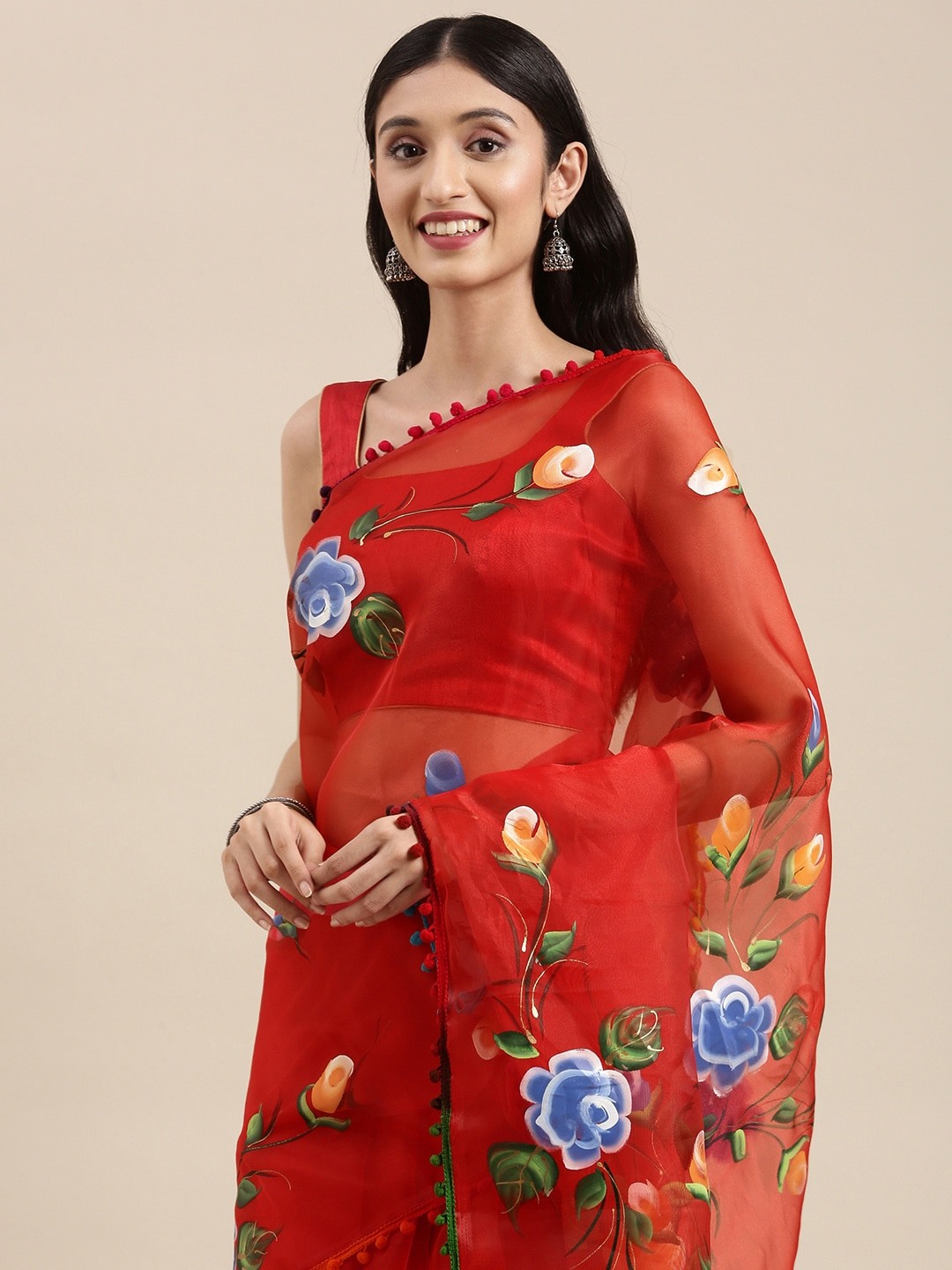 

VASTRANAND Red & Blue Floral Zari Organza Saree