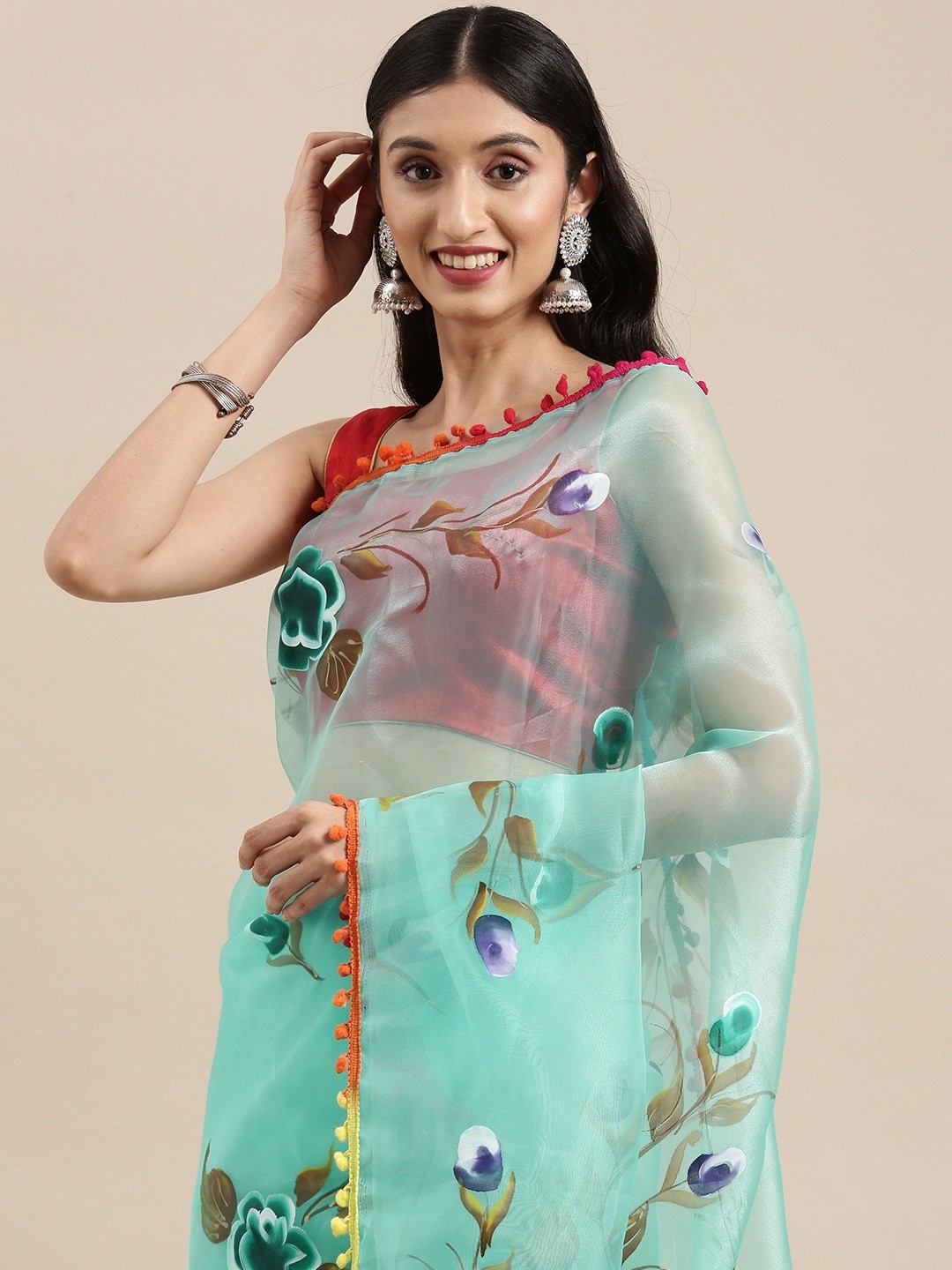 

VASTRANAND Blue Floral Zari Organza Saree