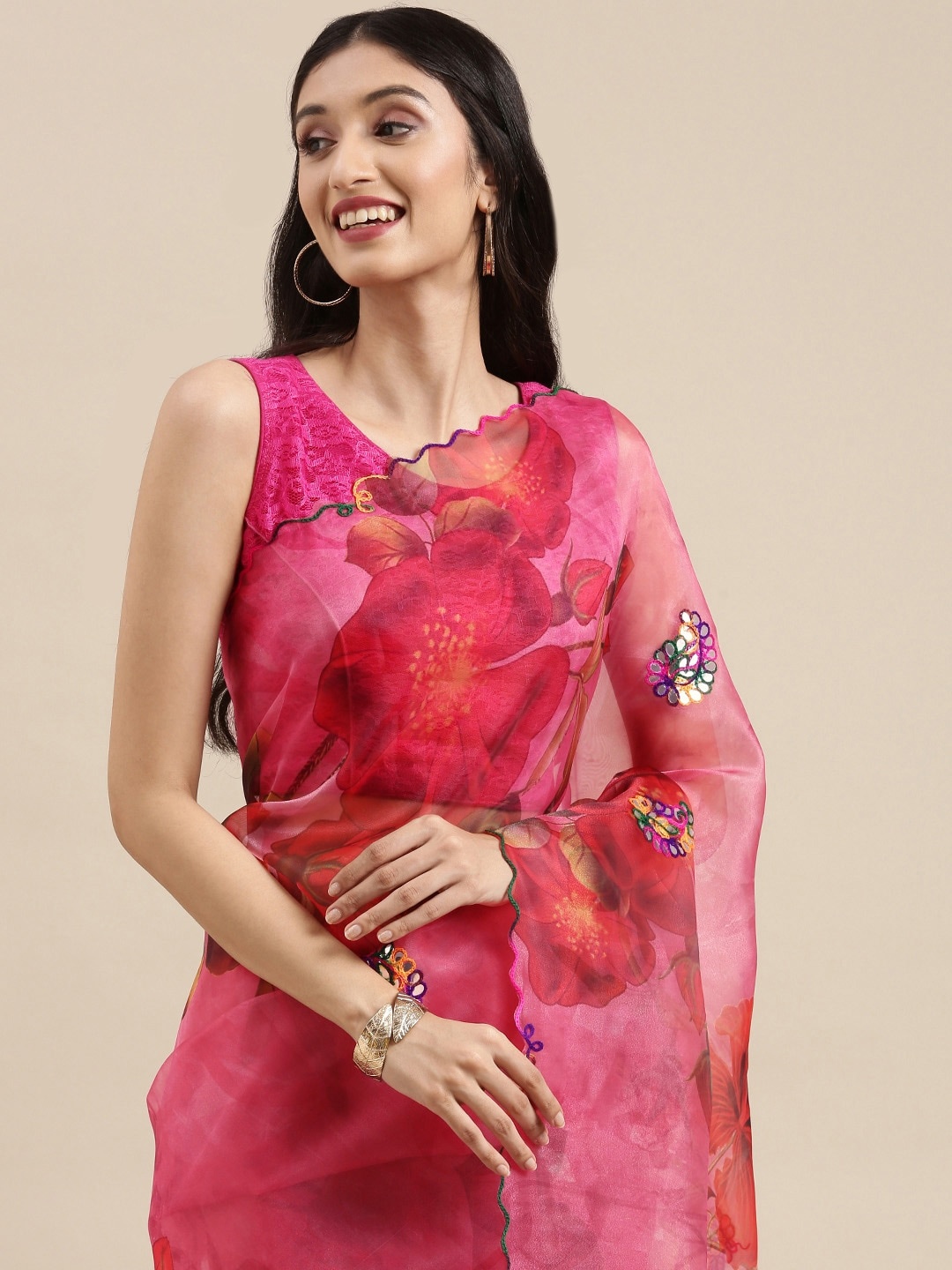 

VASTRANAND Pink & Red Floral Gotta Patti Organza Saree
