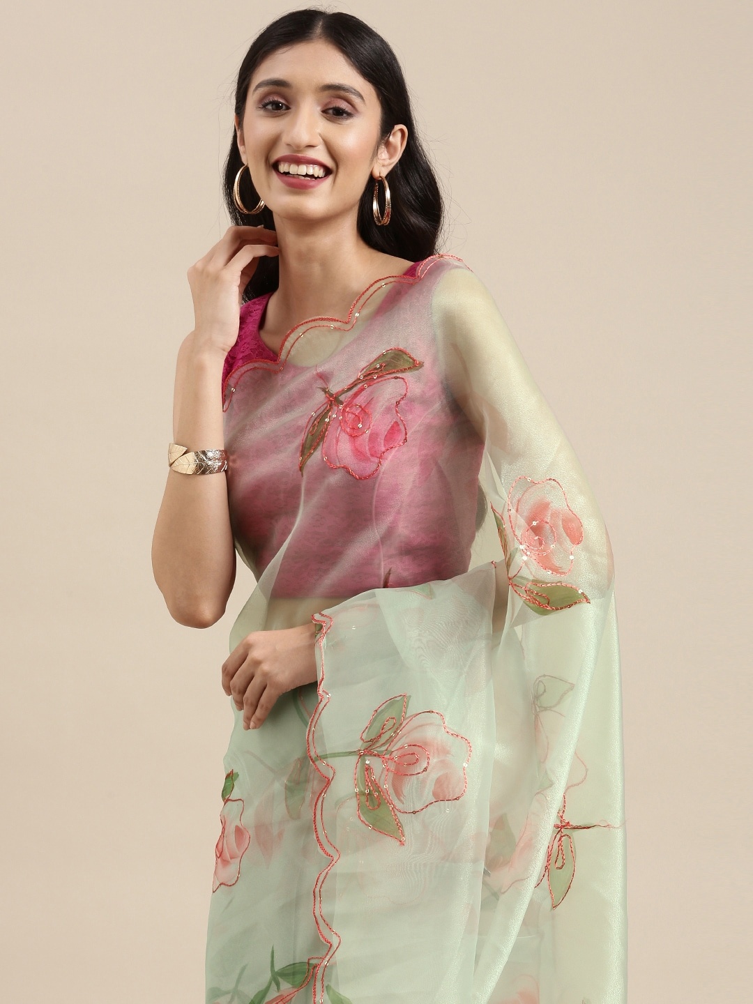 

VASTRANAND Green & Pink Floral Aari Work Organza Saree