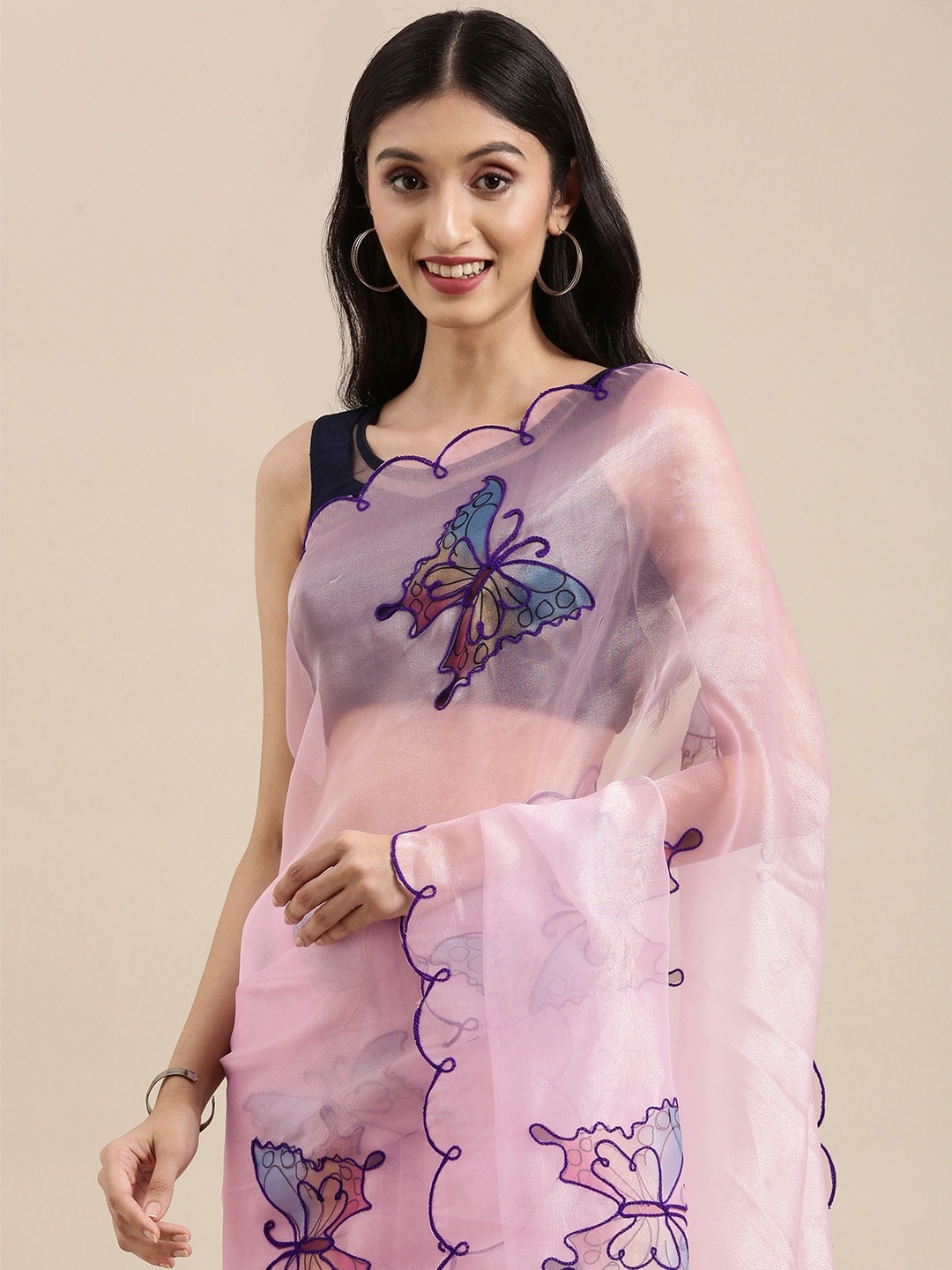 

VASTRANAND Lavender Printed Aari Work Organza Saree