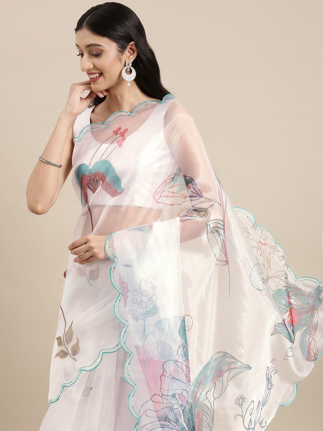 

VASTRANAND White & Green Floral Organza Saree