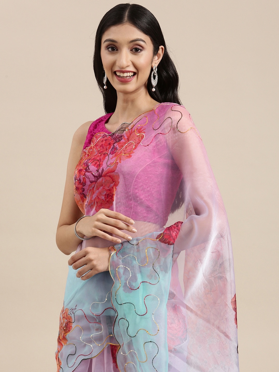 

VASTRANAND Blue & Pink Floral Aari Work Organza Saree