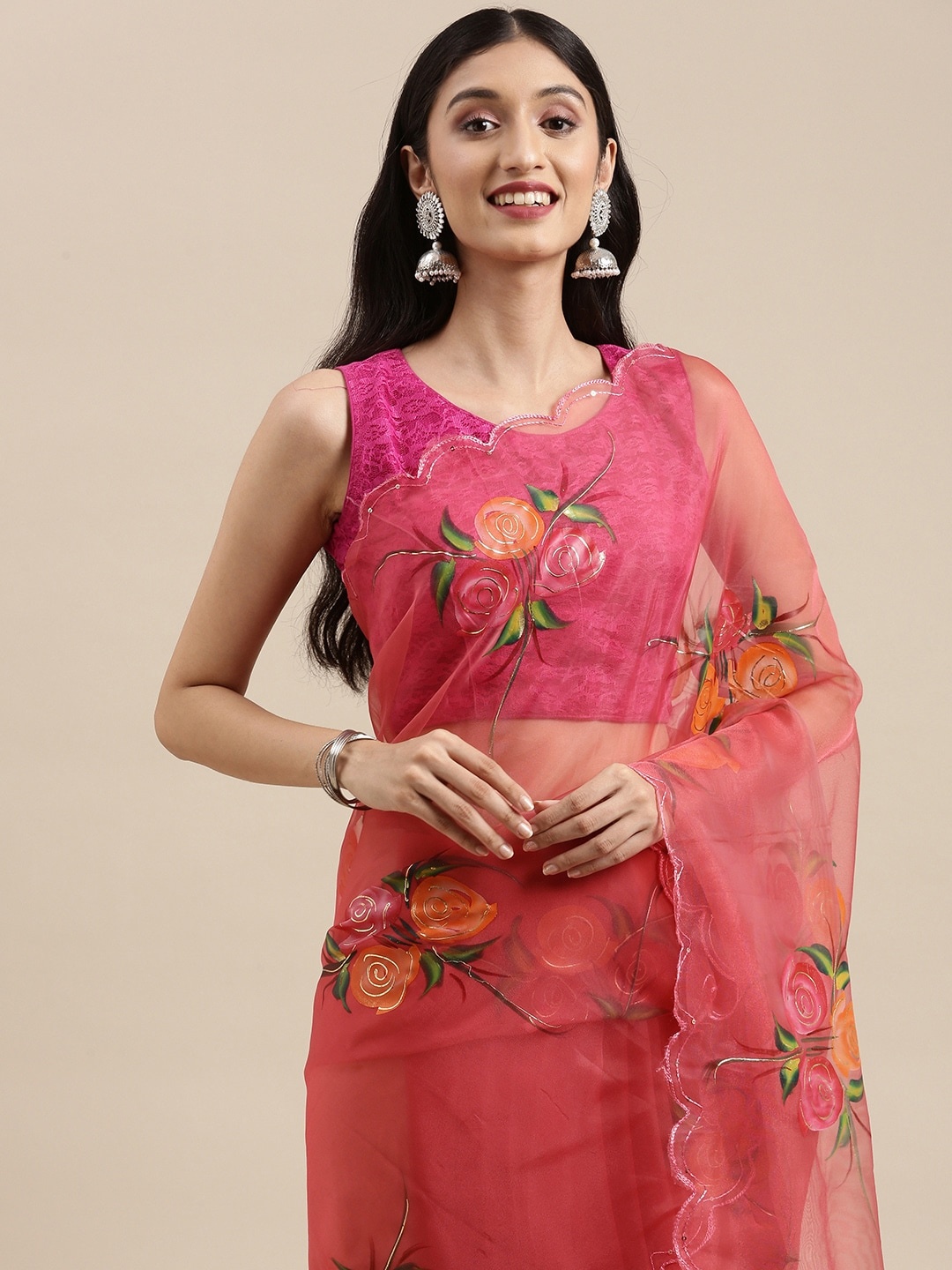 

VASTRANAND Pink Floral Zari Organza Saree