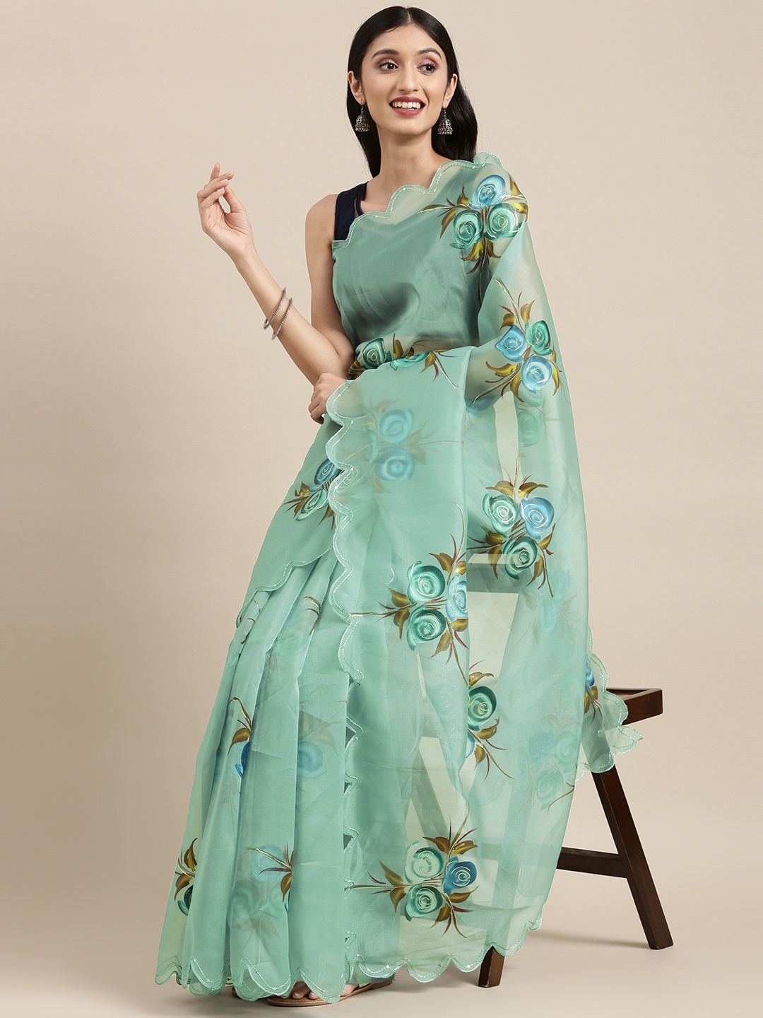 

VASTRANAND Blue Floral Zari Organza Saree