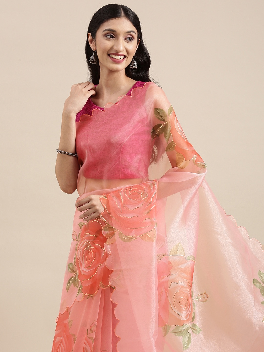 

VASTRANAND Pink Floral Organza Saree