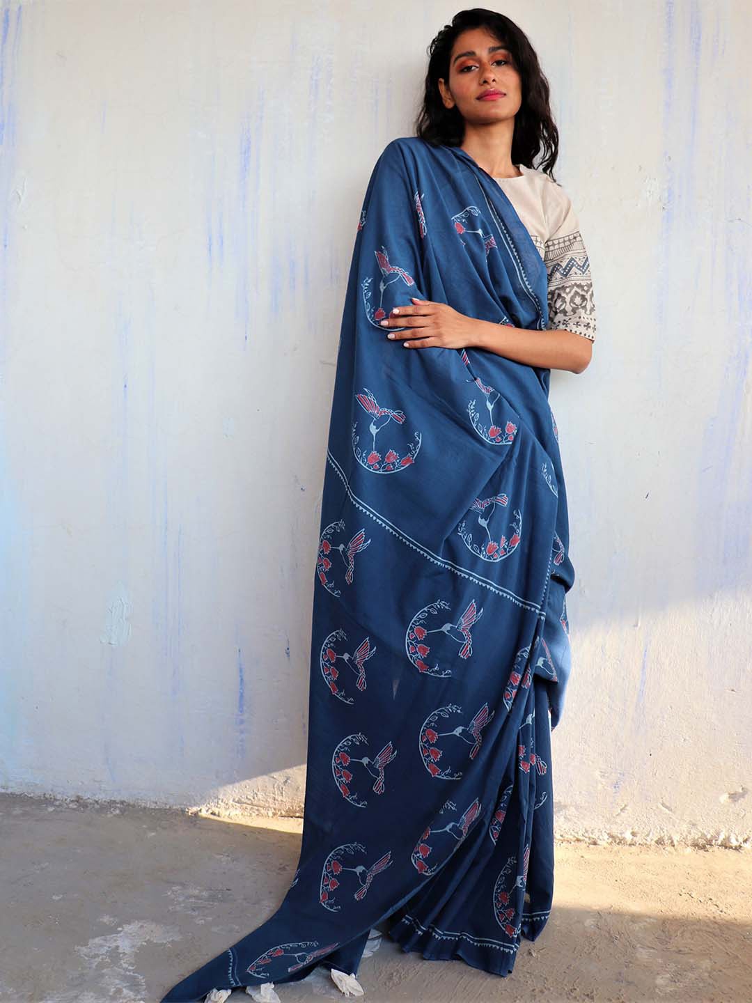 

Chidiyaa Blue Floral Pure Cotton Saree