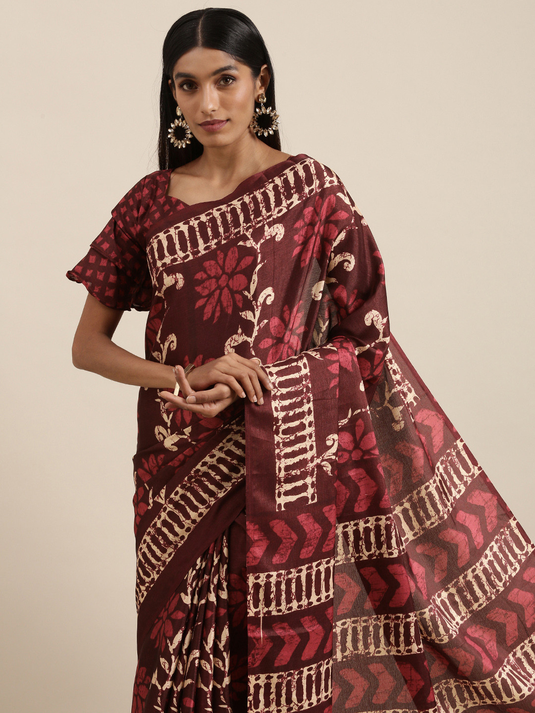 

Saree mall Maroon & Beige Floral Print Silk Blend Block Print Saree