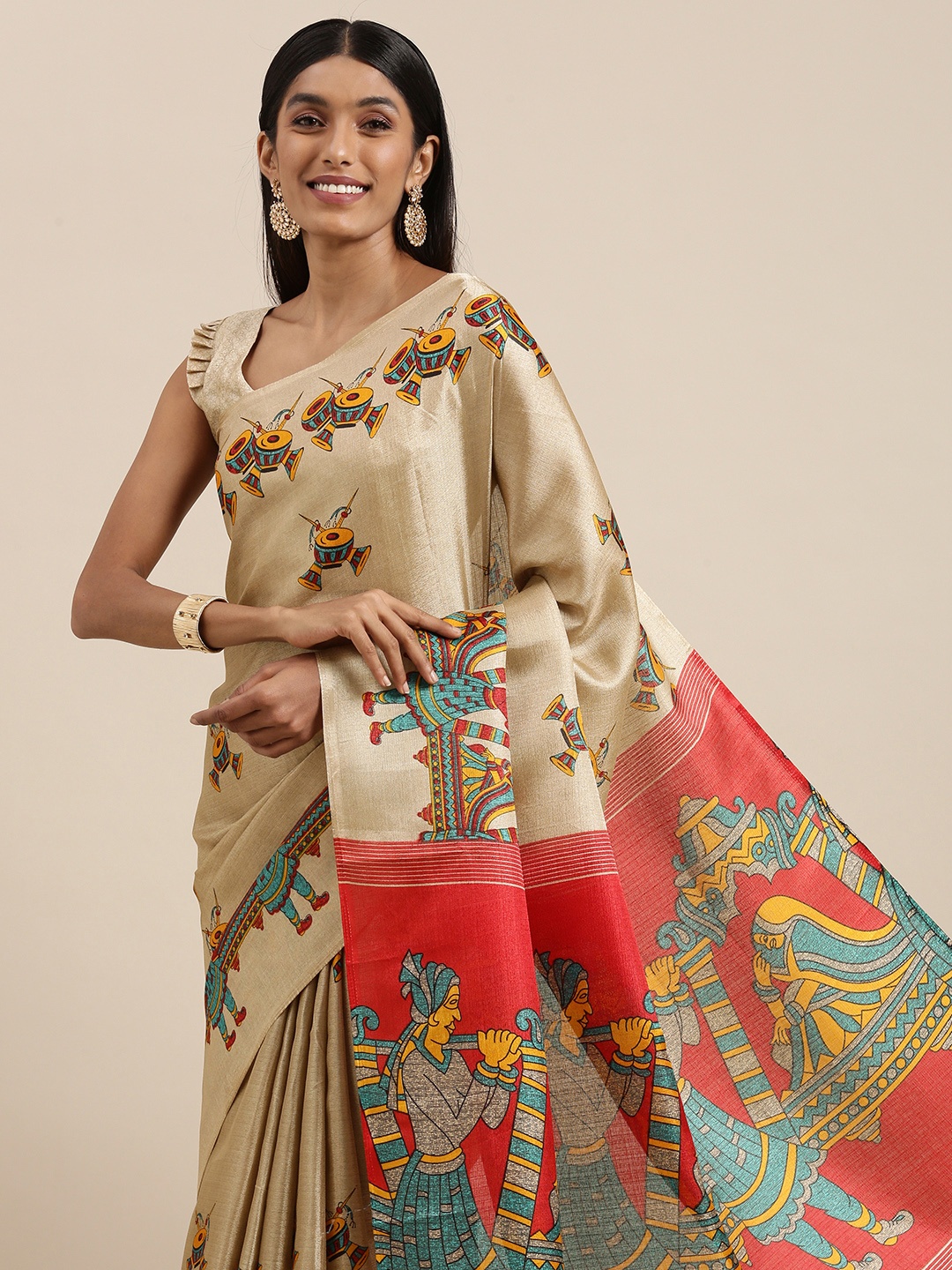 

Saree mall Beige & Yellow Warli Art Silk Block Print Saree