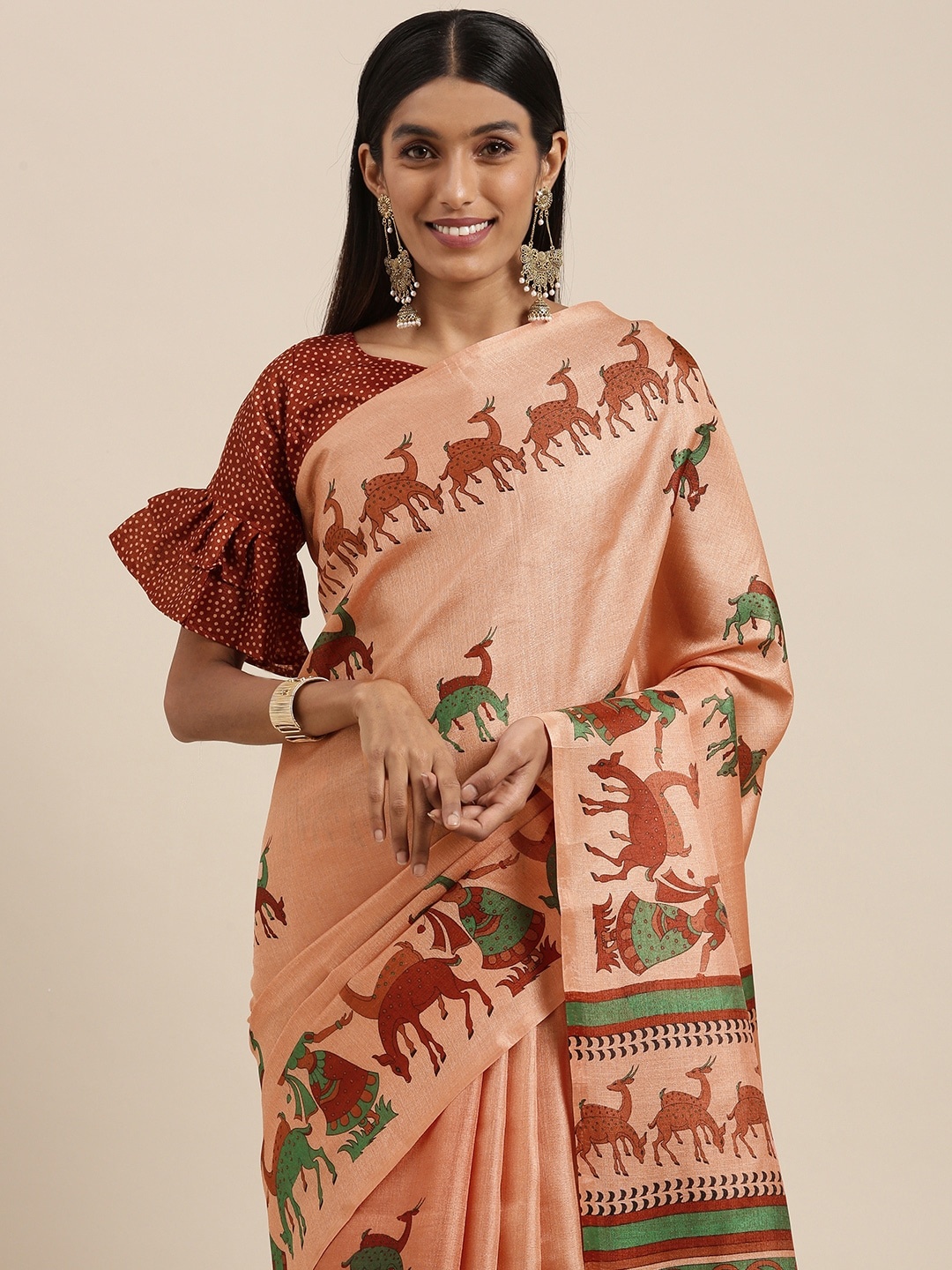 

Saree mall Peach-Coloured & Maroon Ethnic Motifs Print Art Silk Block Print Saree