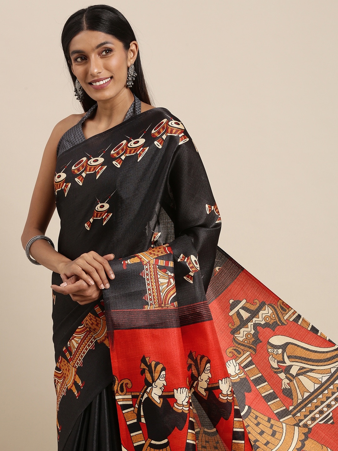 

Saree mall Black & White Warli Art Silk Block Print Saree