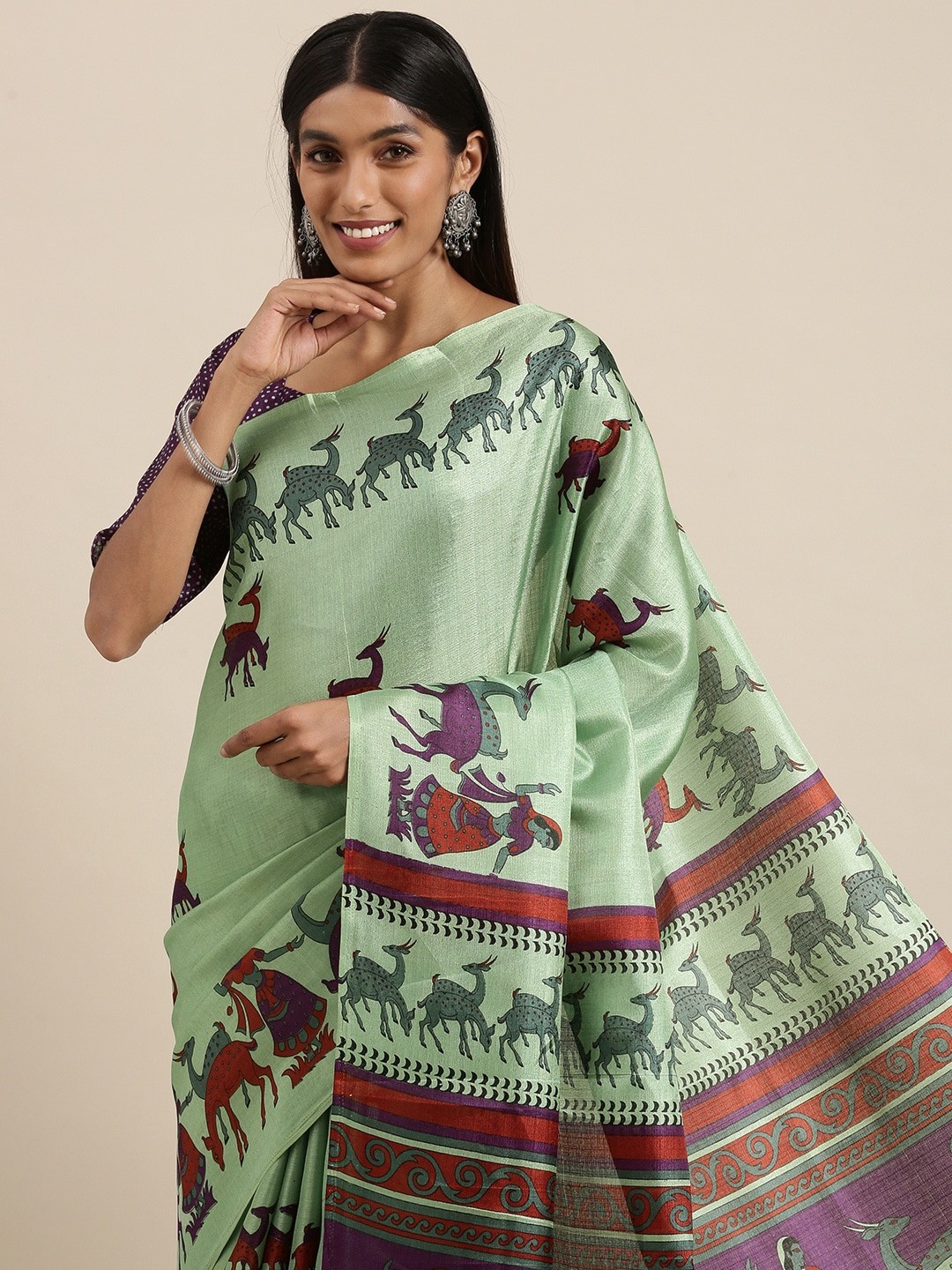 

Saree mall Green & Maroon Ethnic Motifs Print Art Silk Block Print Saree