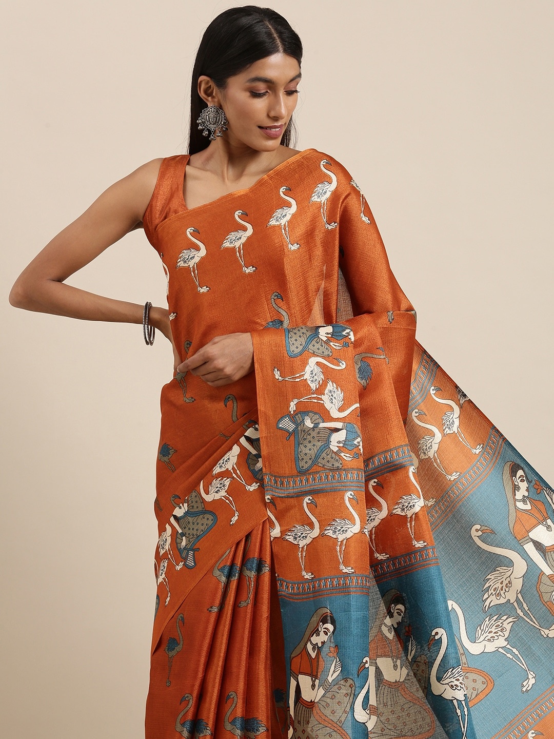 

Saree mall Rust & White Ethnic Motifs Print Art Silk Block Print Saree