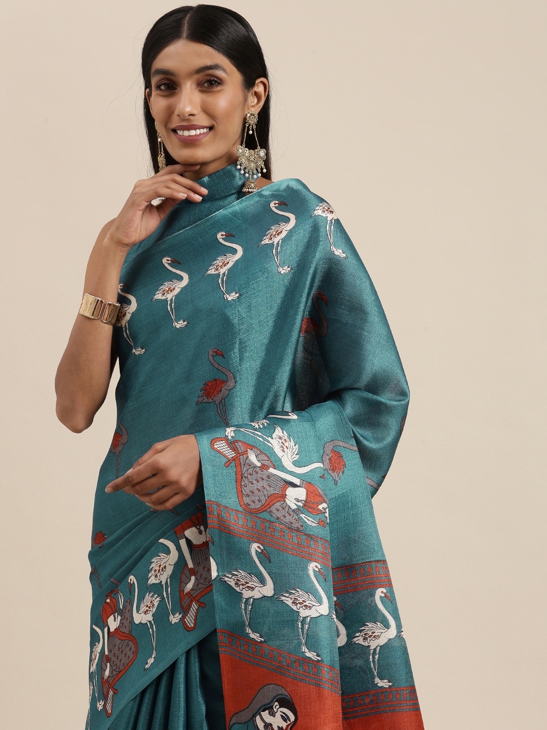 

Saree mall Teal & White Ethnic Motifs Print Art Silk Block Print Saree