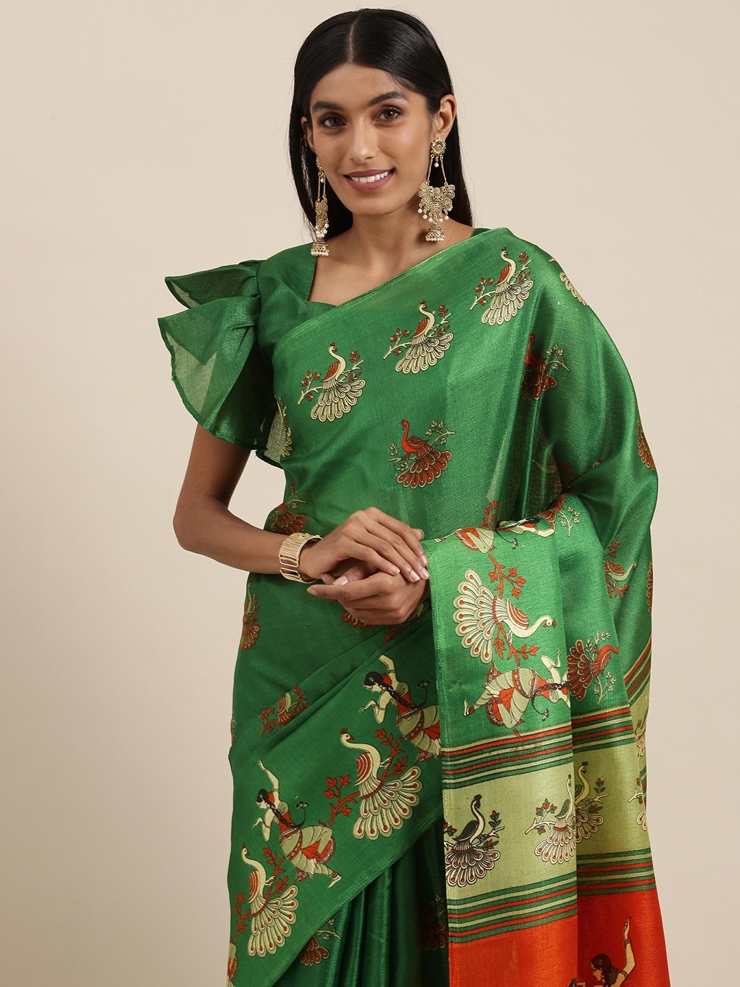 

Saree mall Green & White Ethnic Motifs Print Art Silk Block Print Saree