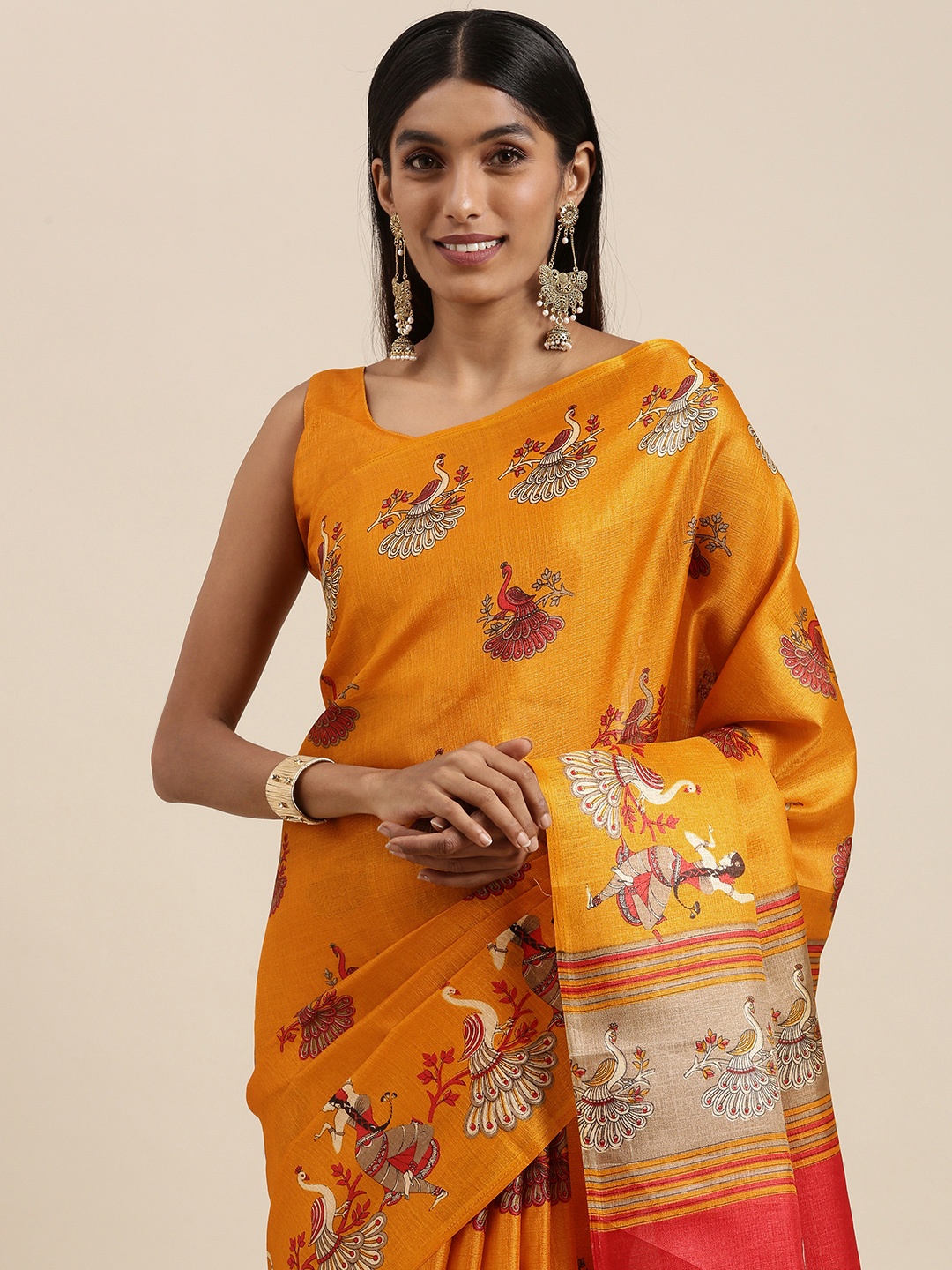 Saree mall Mustard & Red Ethnic Motifs Print Art Silk Block Print Saree