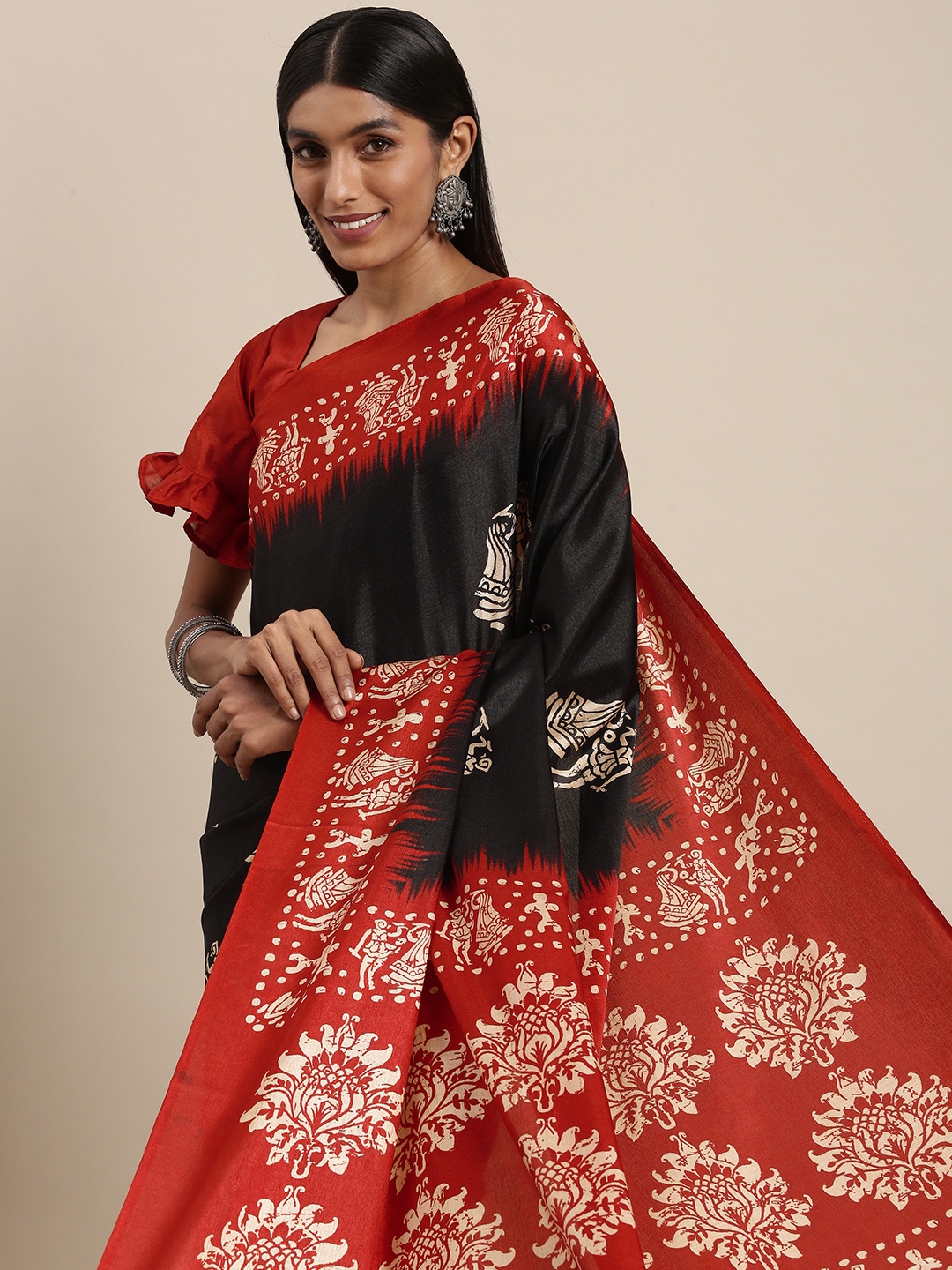 

Saree mall Black & Black Warli Silk Blend Block Print Saree