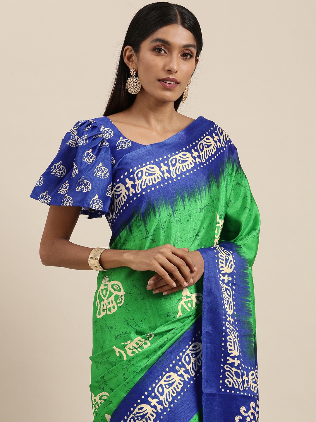 

Saree mall Green & Blue Ethnic Motifs Print Silk Blend Block Print Saree