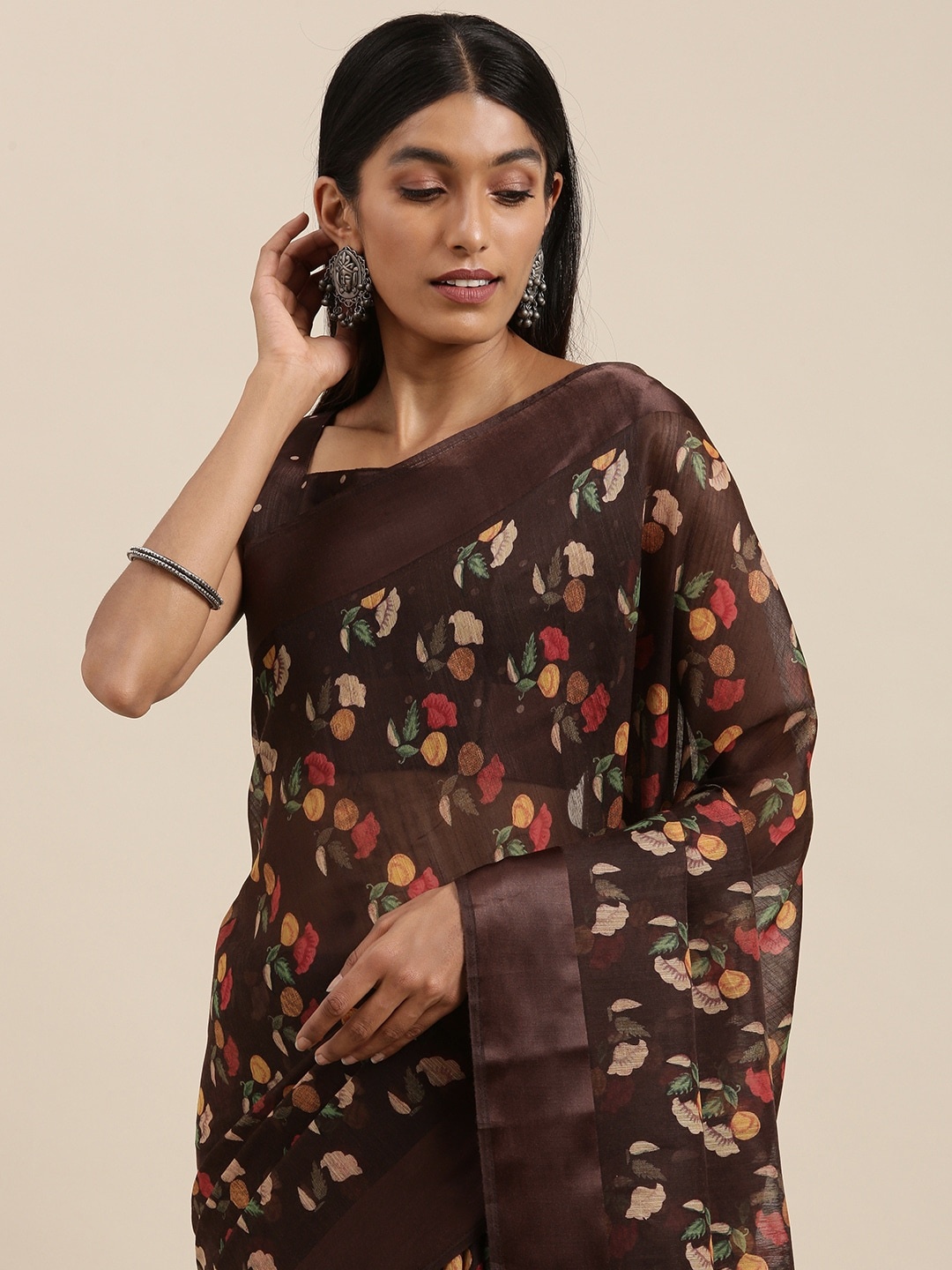 

Saree mall Brown & Pink Floral Print Silk Cotton Saree