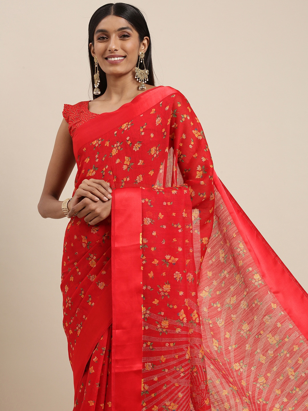 

Saree mall Red & Yellow Floral Print Silk Cotton Saree